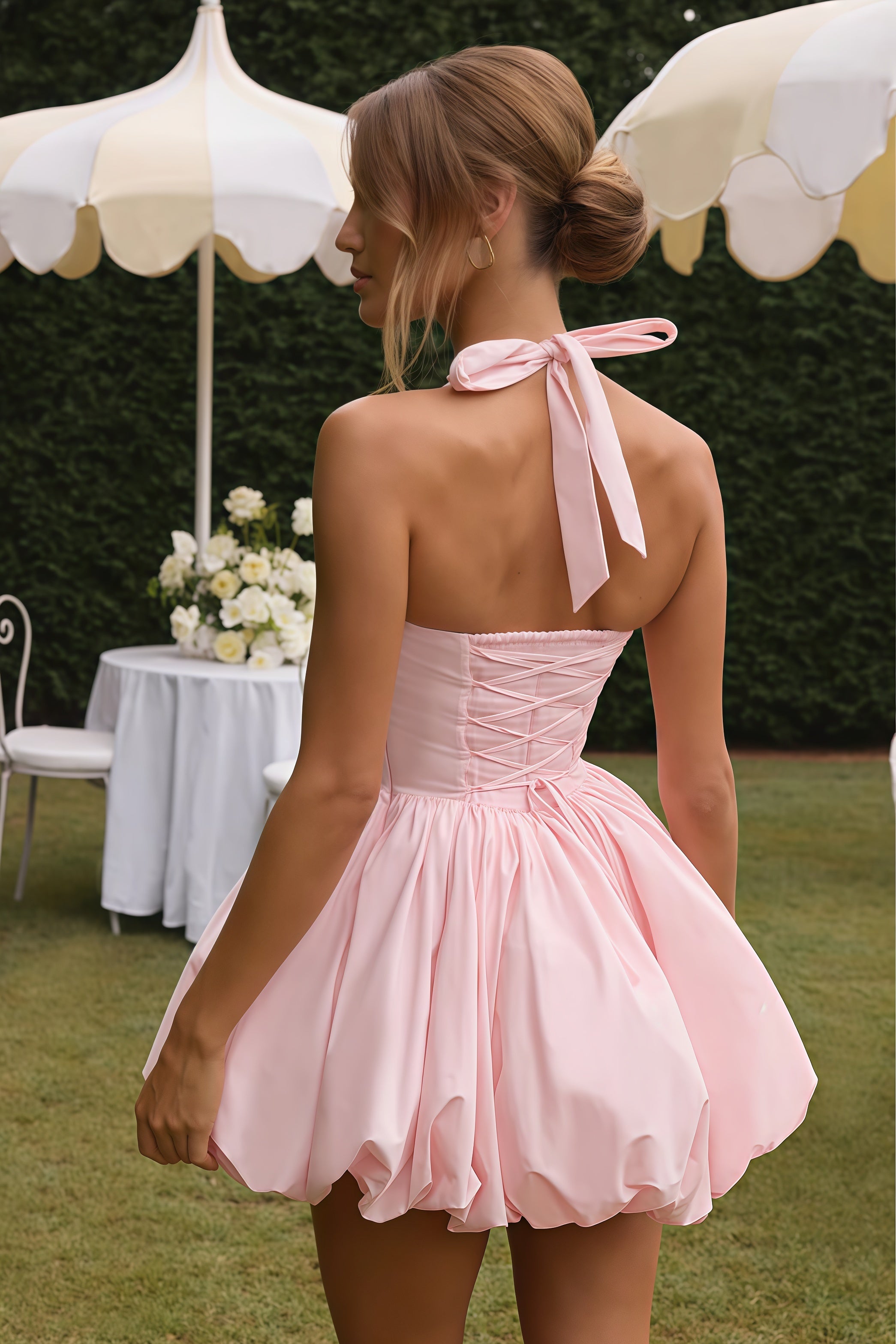 Anaelle Pink Shirred Puffball Mini Dress