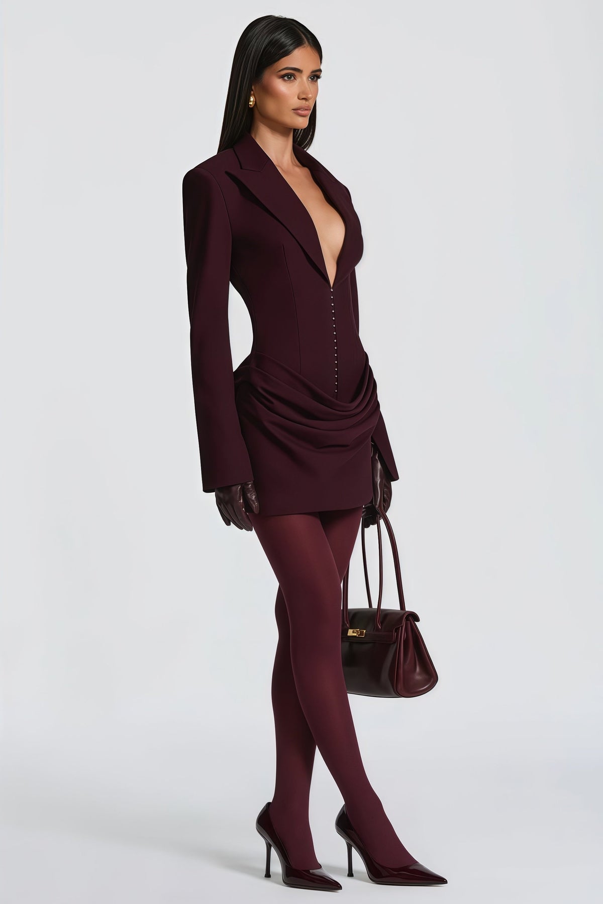 Rosette Wine Red Ruched Blazer Mini Dress