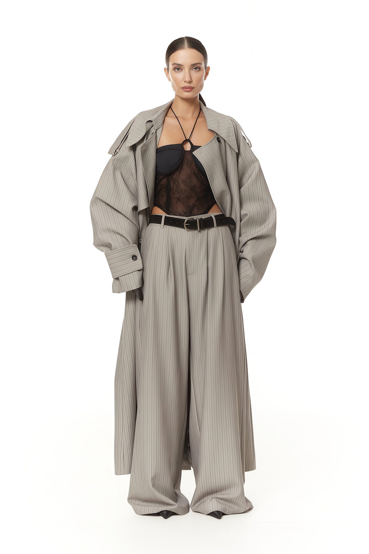 Clémence Grey Striped Trench Coat & Trousers Set