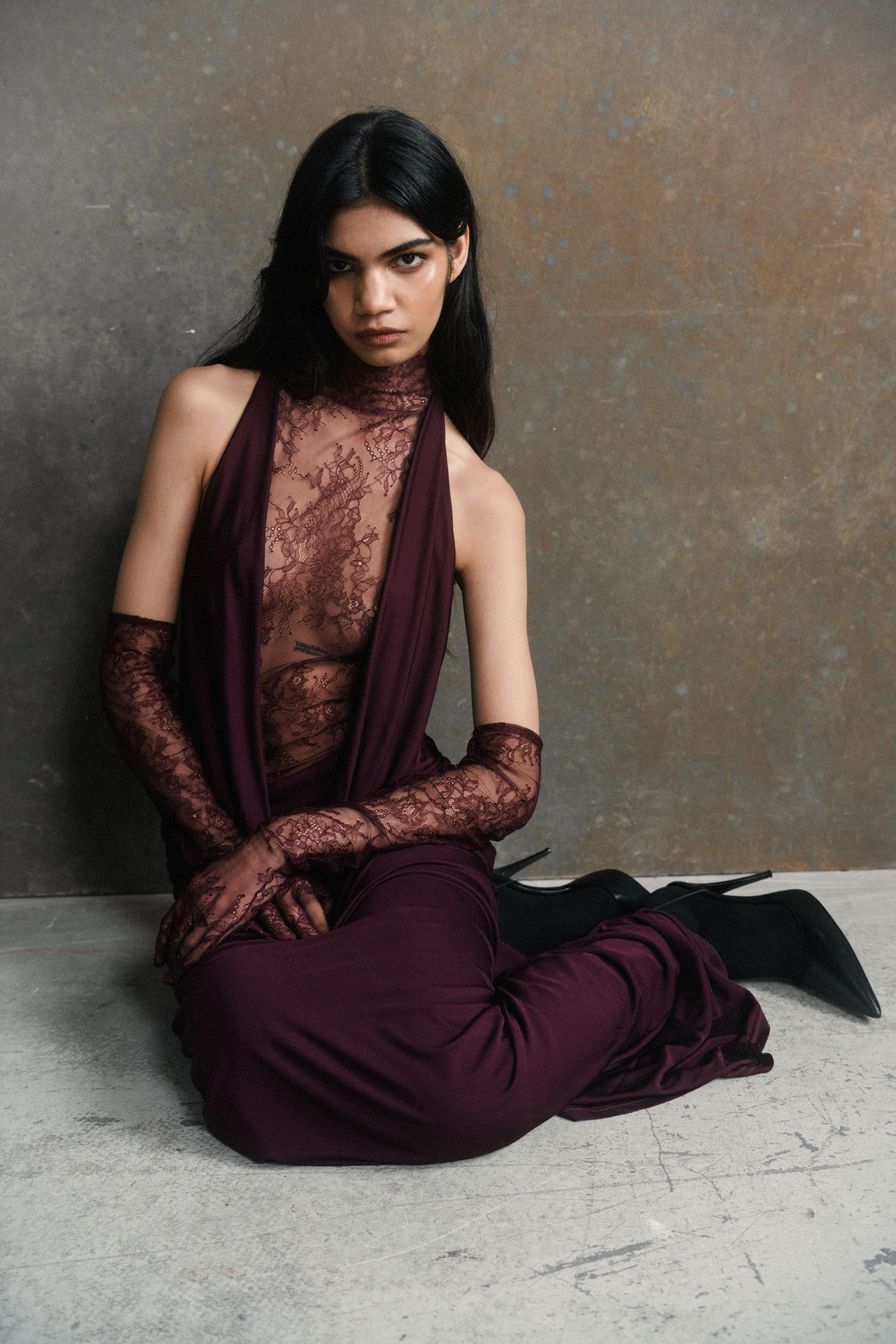 Borbála Magenta Lace Bodice Ruched Maxi Dress