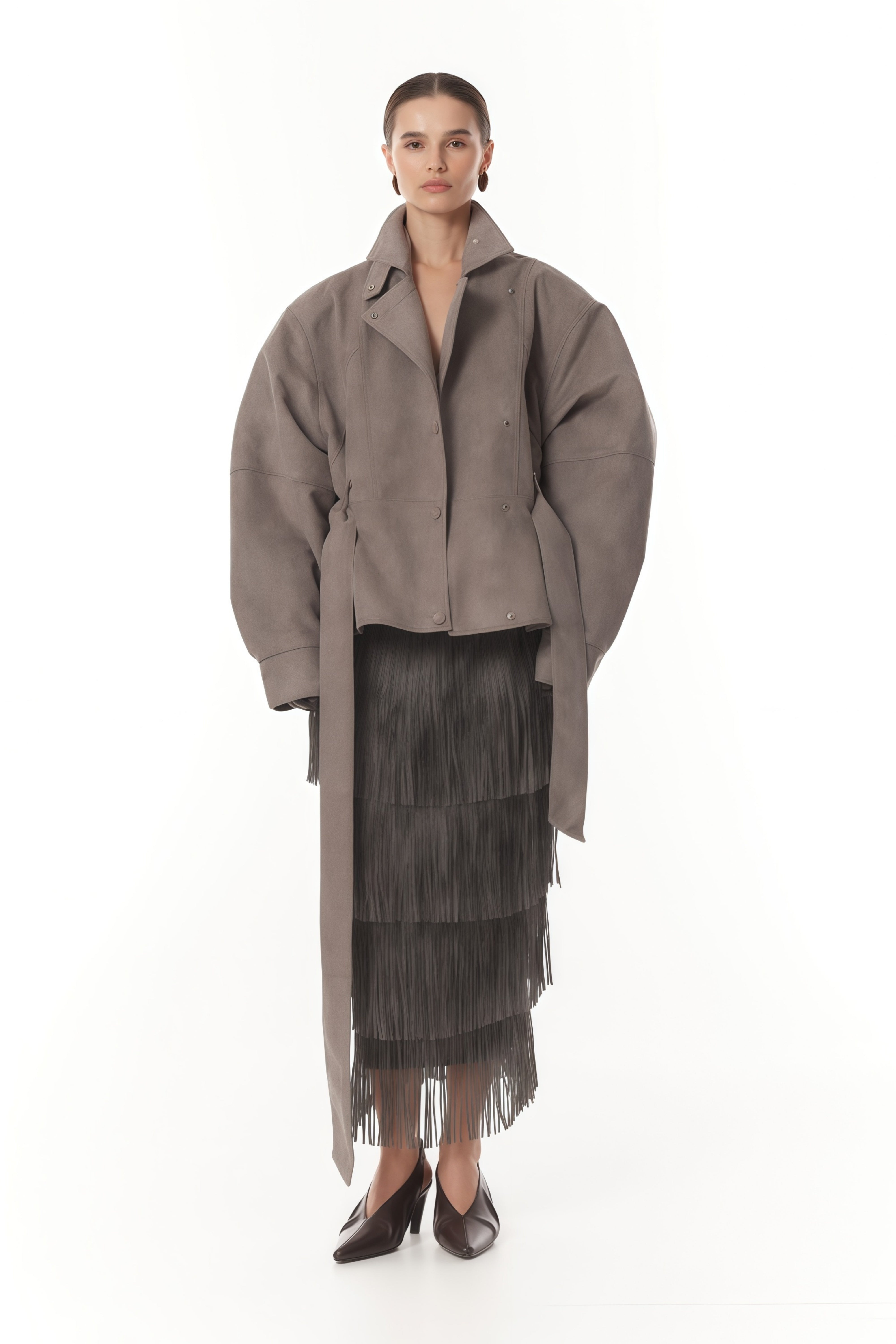 Aveline Grey Belted Suede Biker Jacket