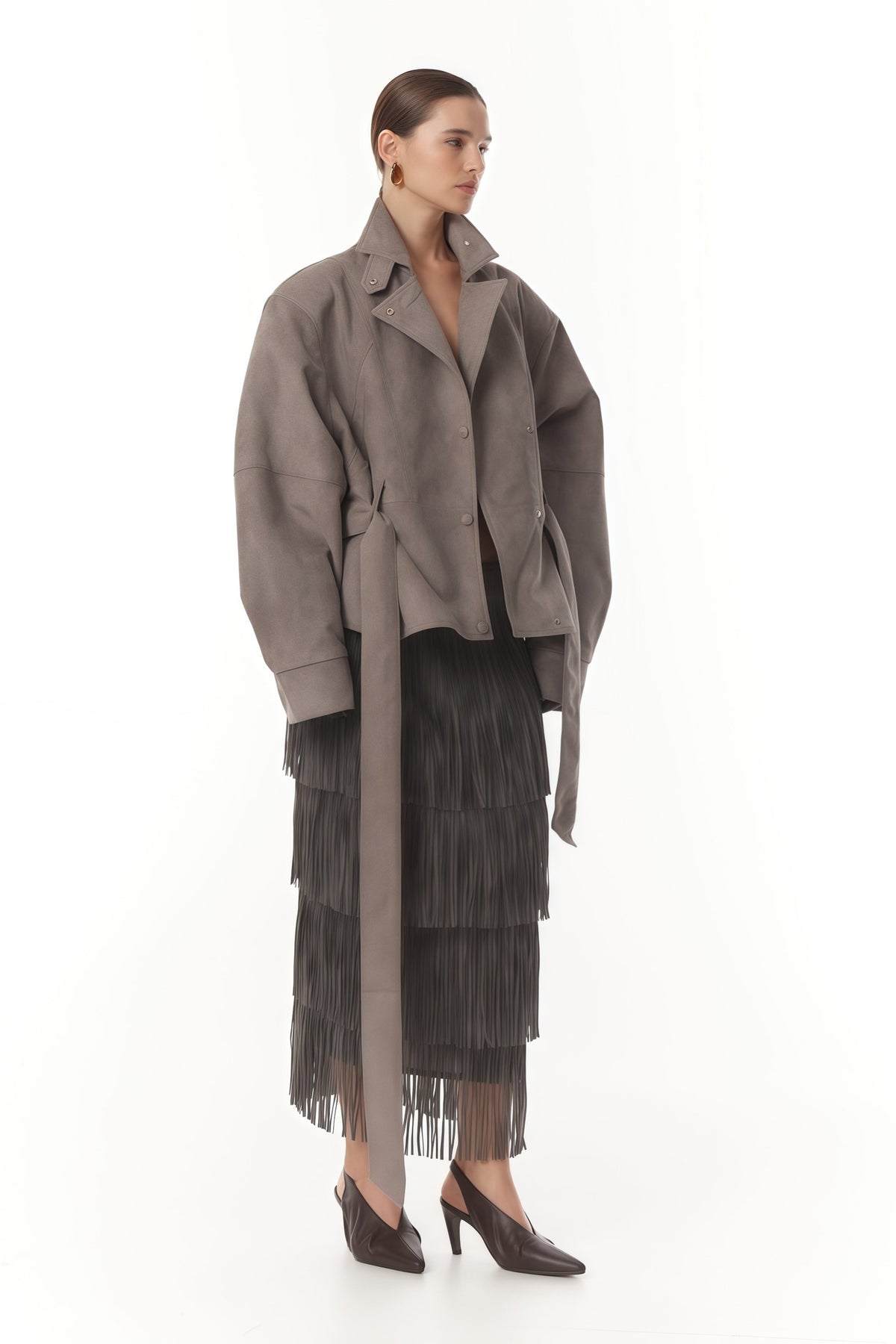 Aveline Grey Belted Suede Biker Jacket