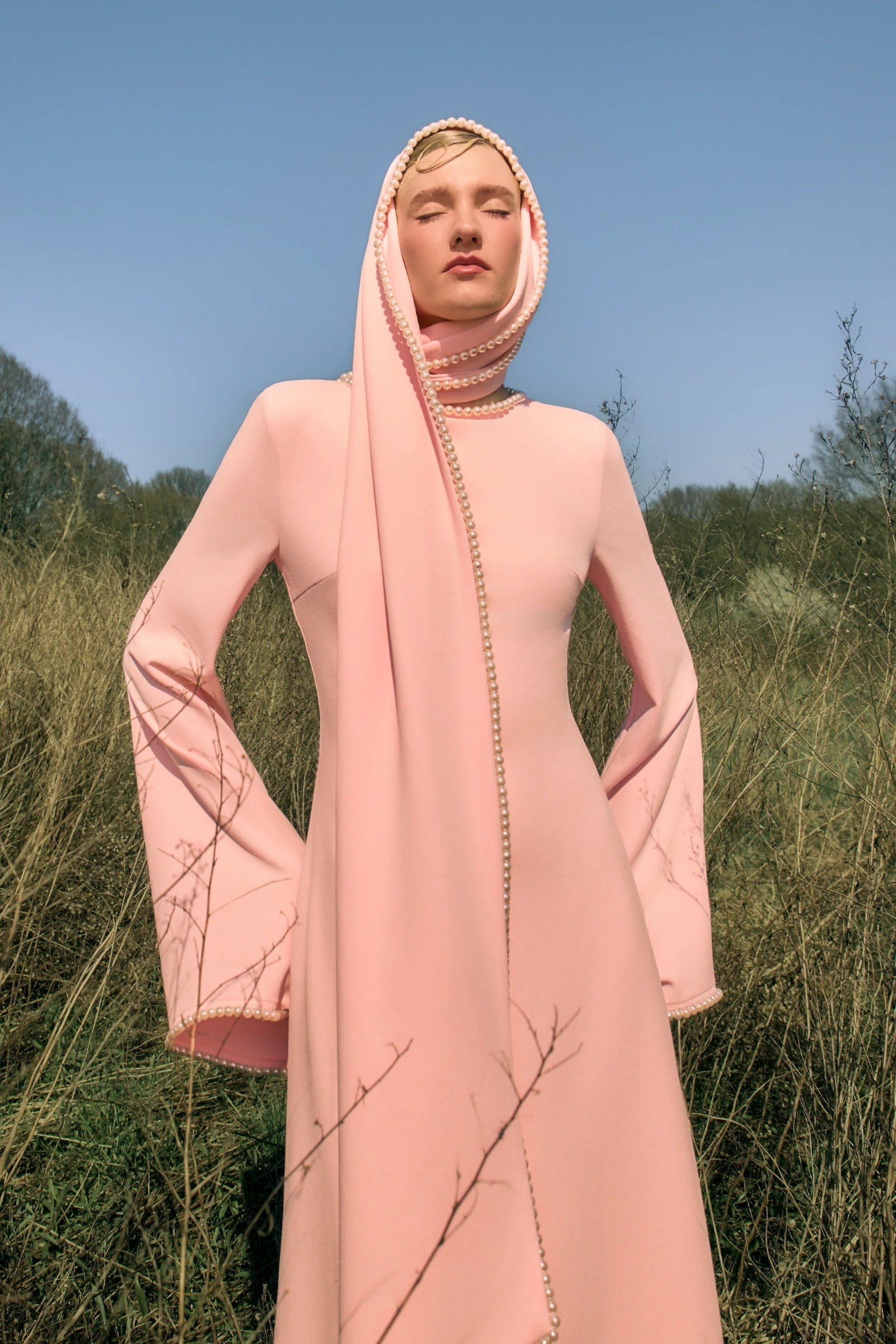 Piroska Pink Pearl Trim Shawl Detail Maxi Dress