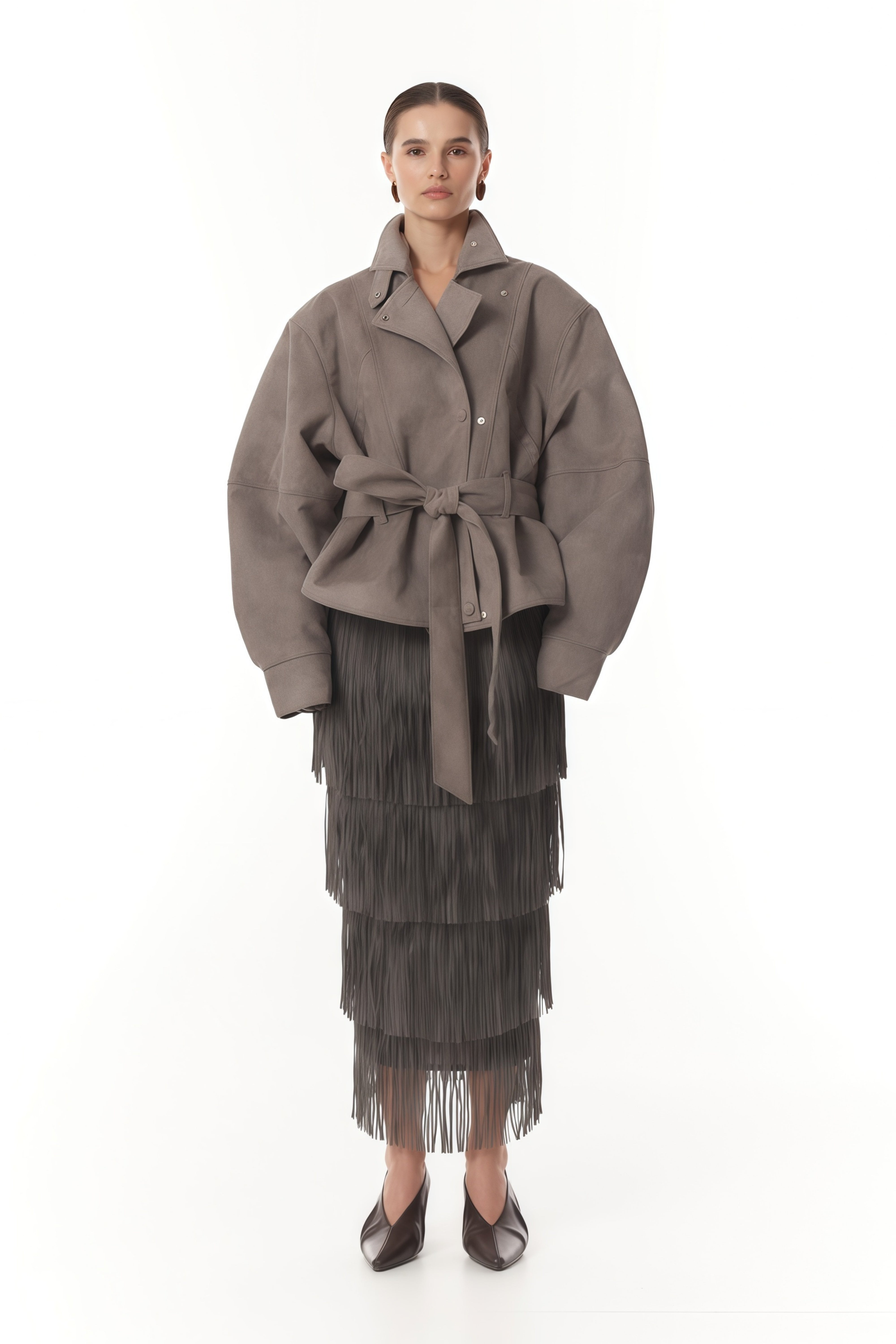 Aveline Grey Belted Suede Biker Jacket