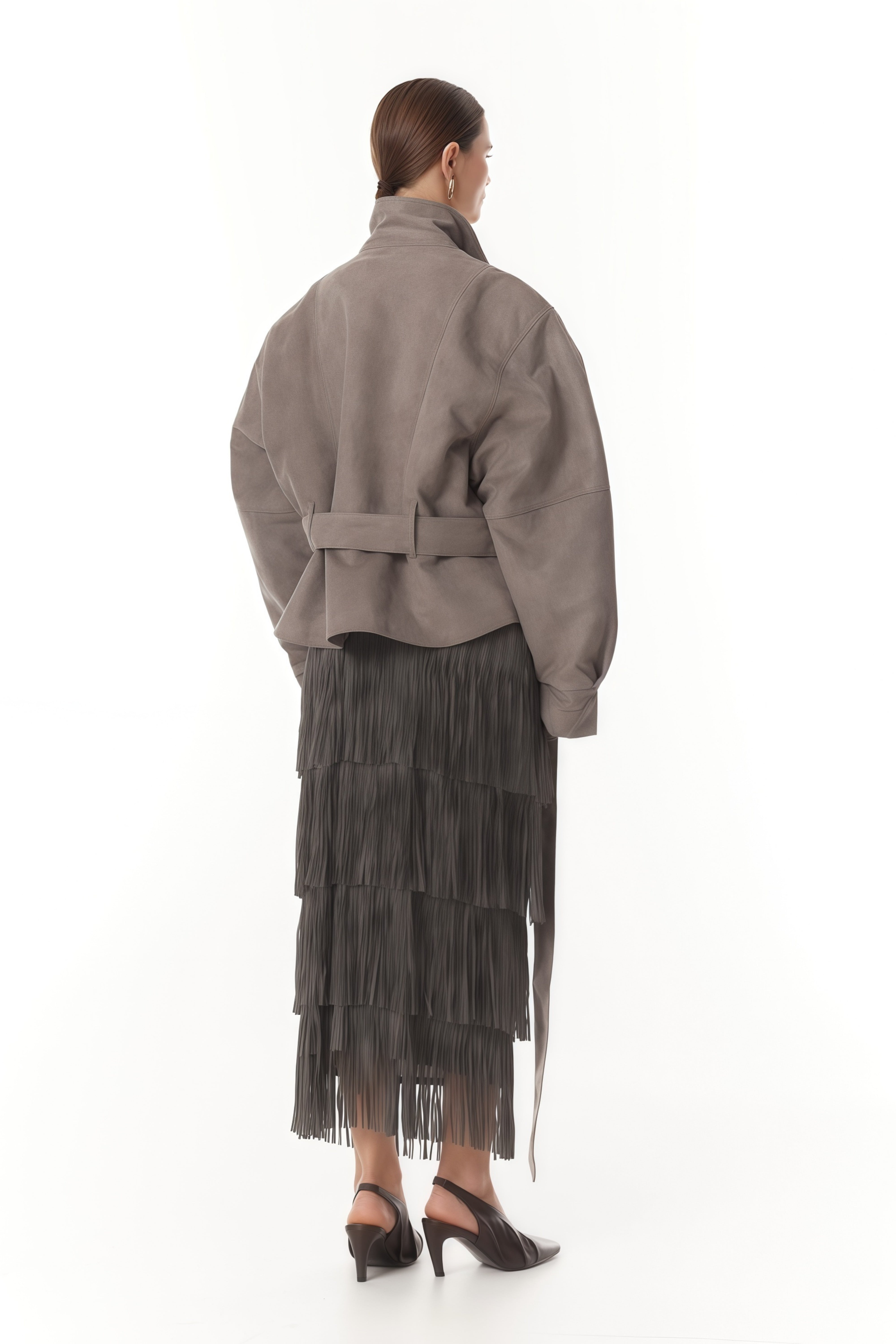 Aveline Grey Belted Suede Biker Jacket