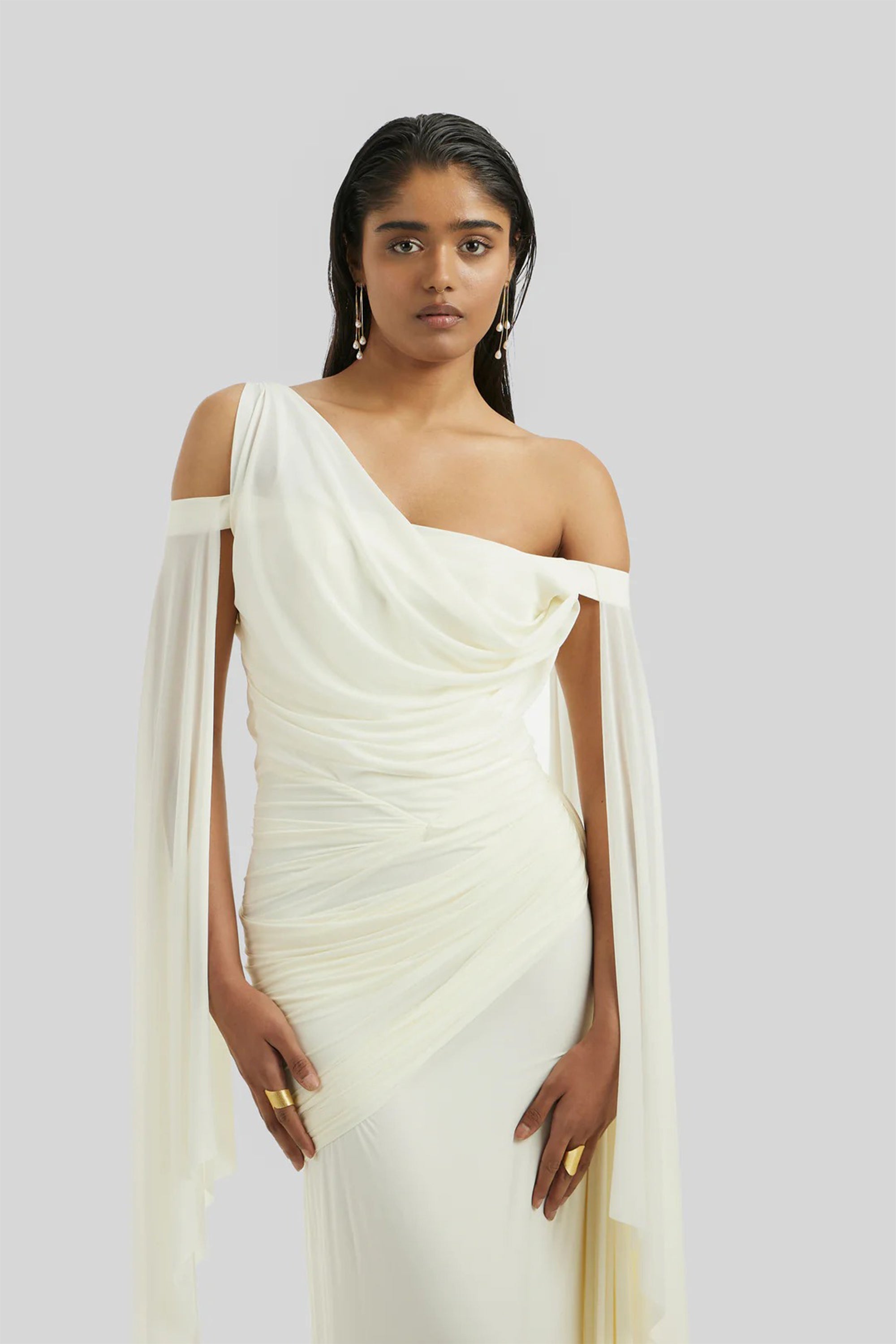 Aurianne White Asymmetrical Draped Maxi Dress
