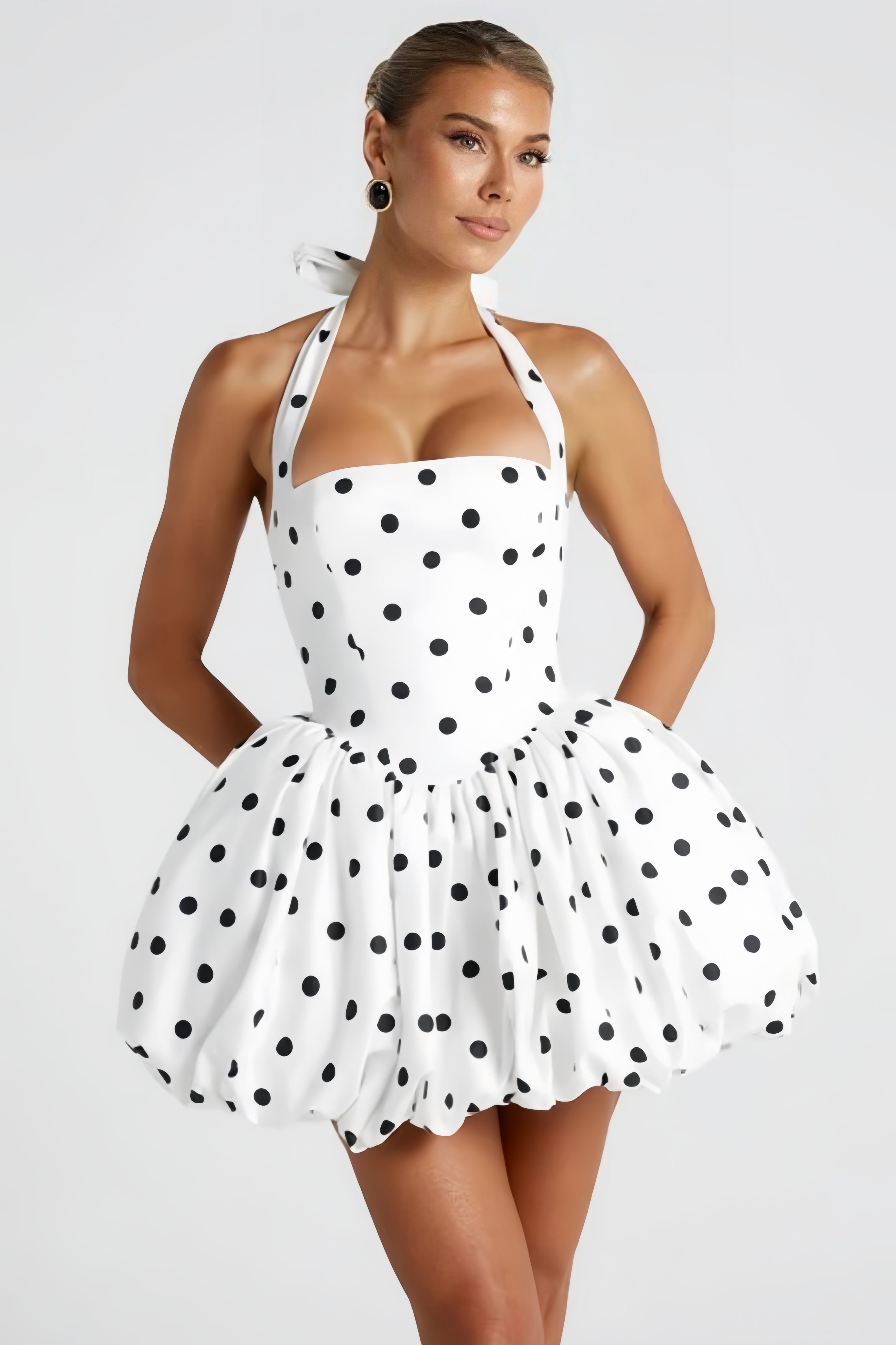 Anaelle White Polka-dot Shirred Puffball Mini Dress