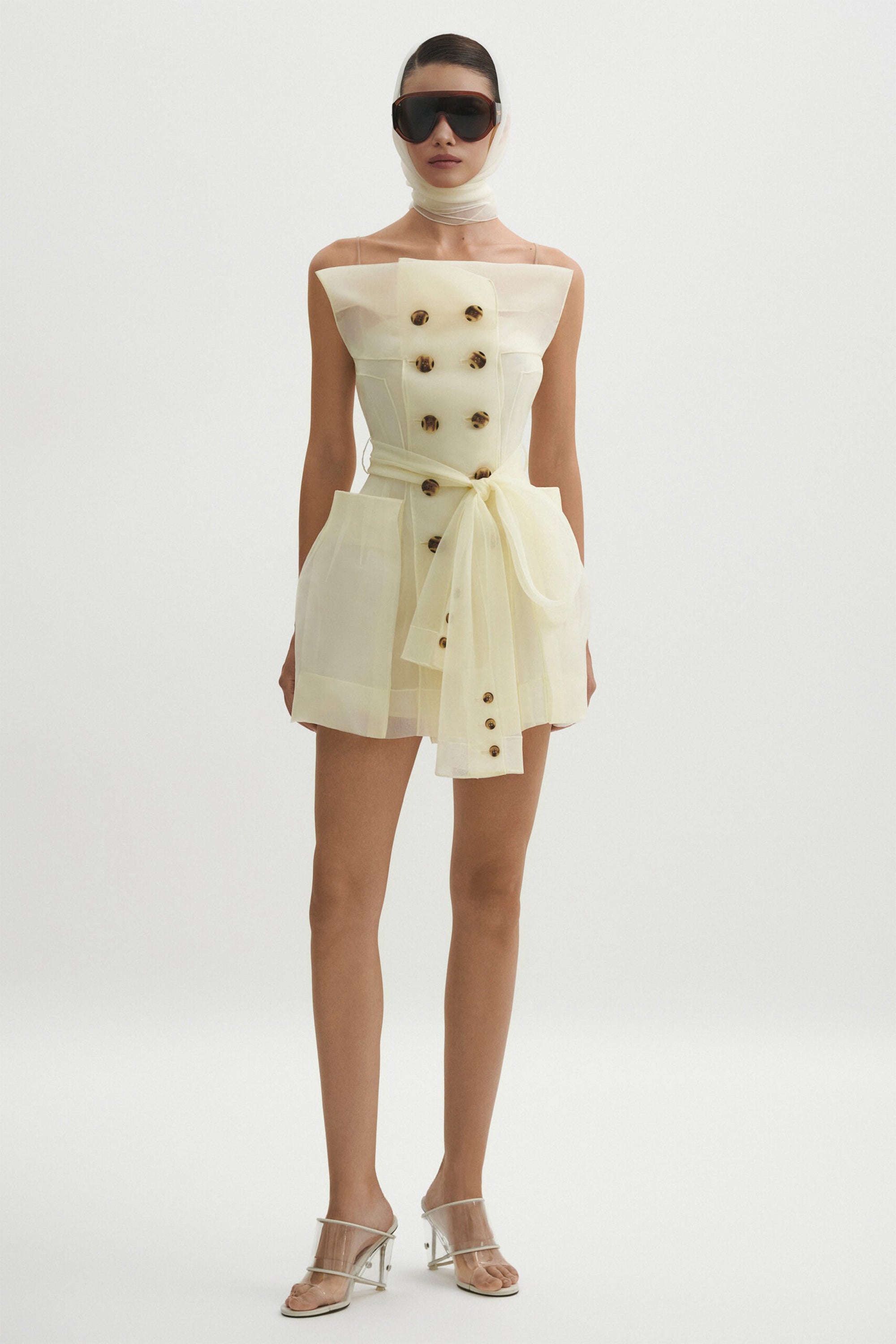 Polliana White Double Breasted Organza Mini Dress