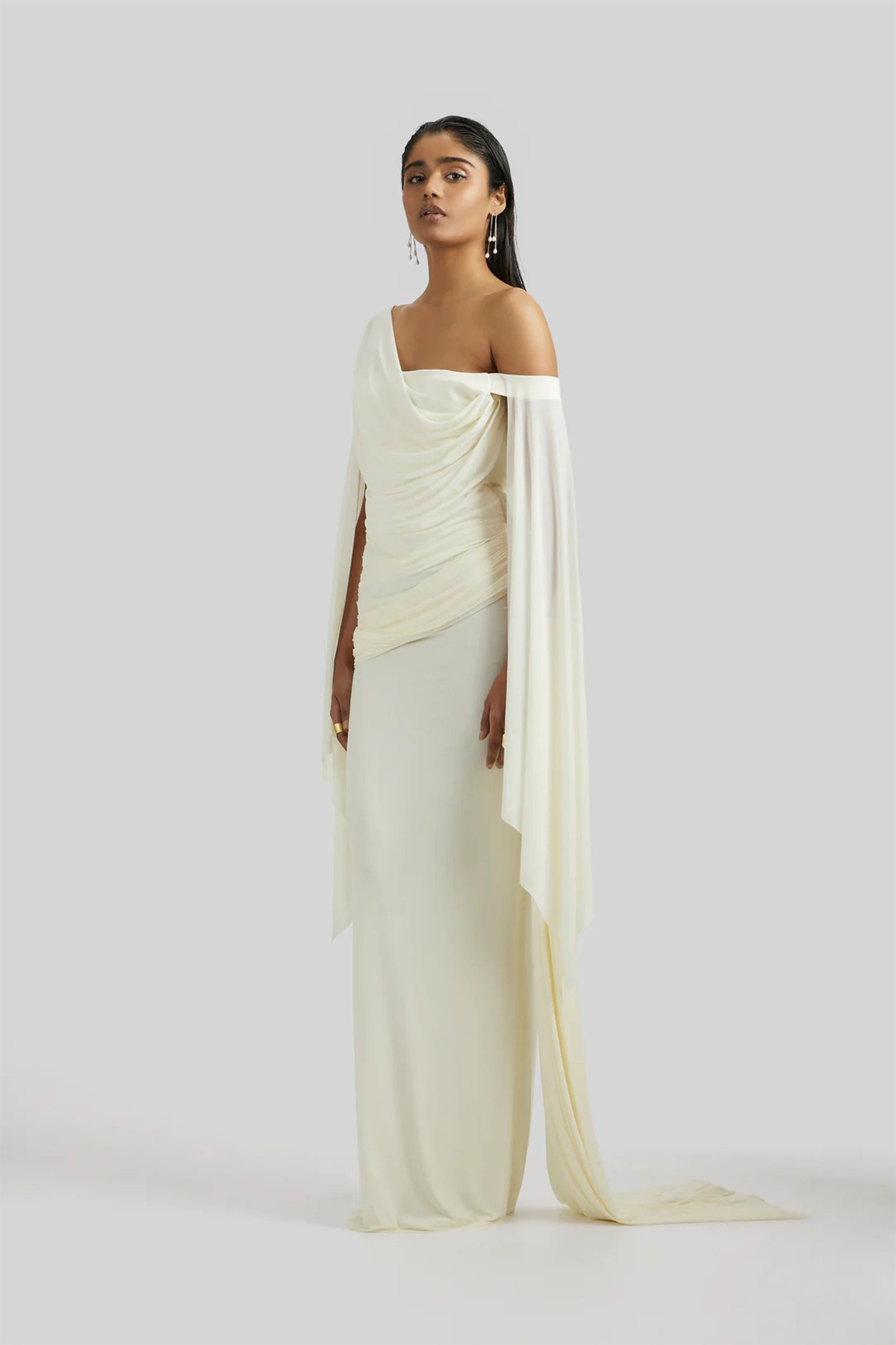 Aurianne White Asymmetrical Draped Maxi Dress
