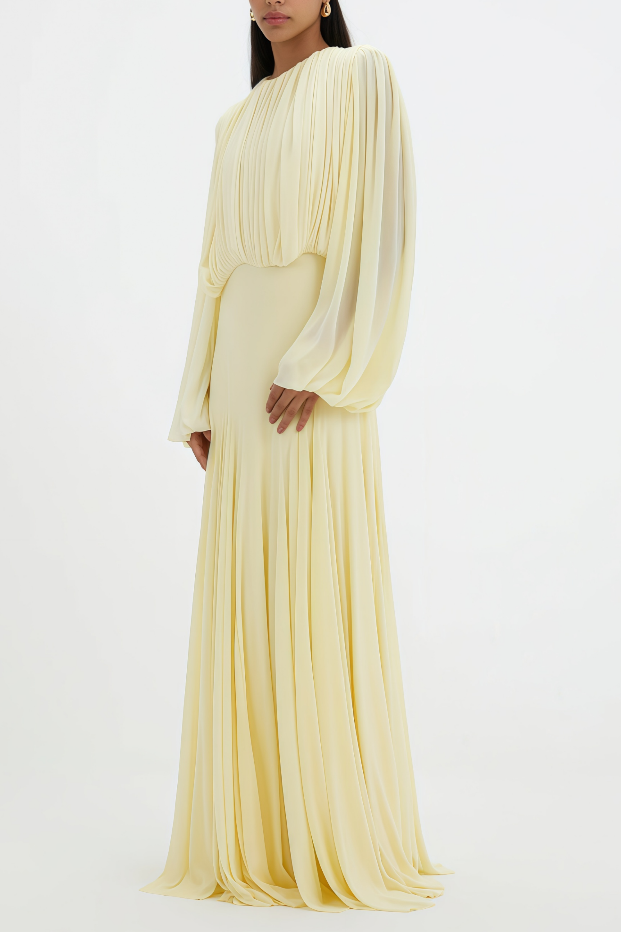 Annabelle Yellow Lantern Sleeve Pleated Maxi Dress