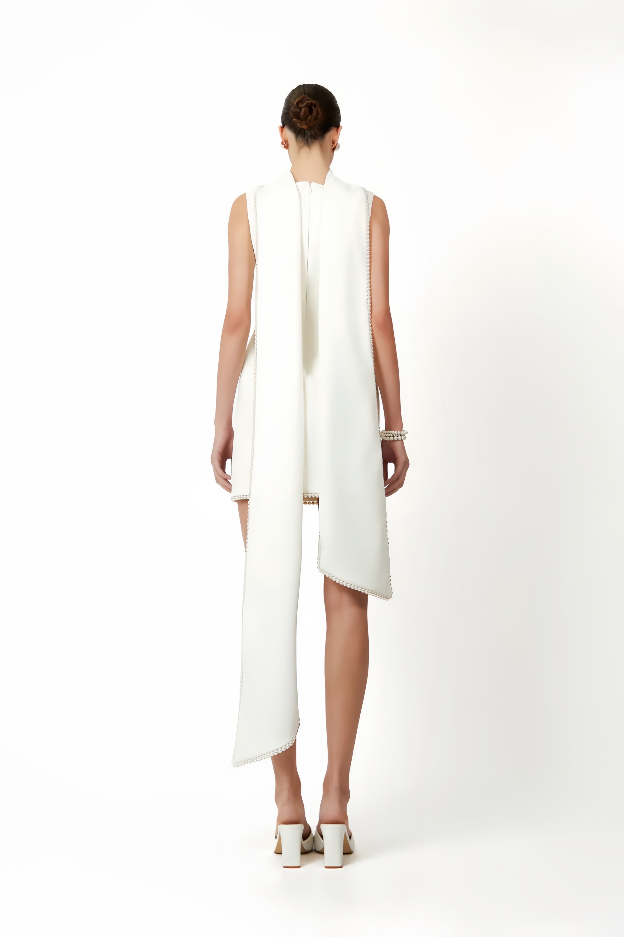 Piroska White Sleeveless Pearl Trim Mini Dress