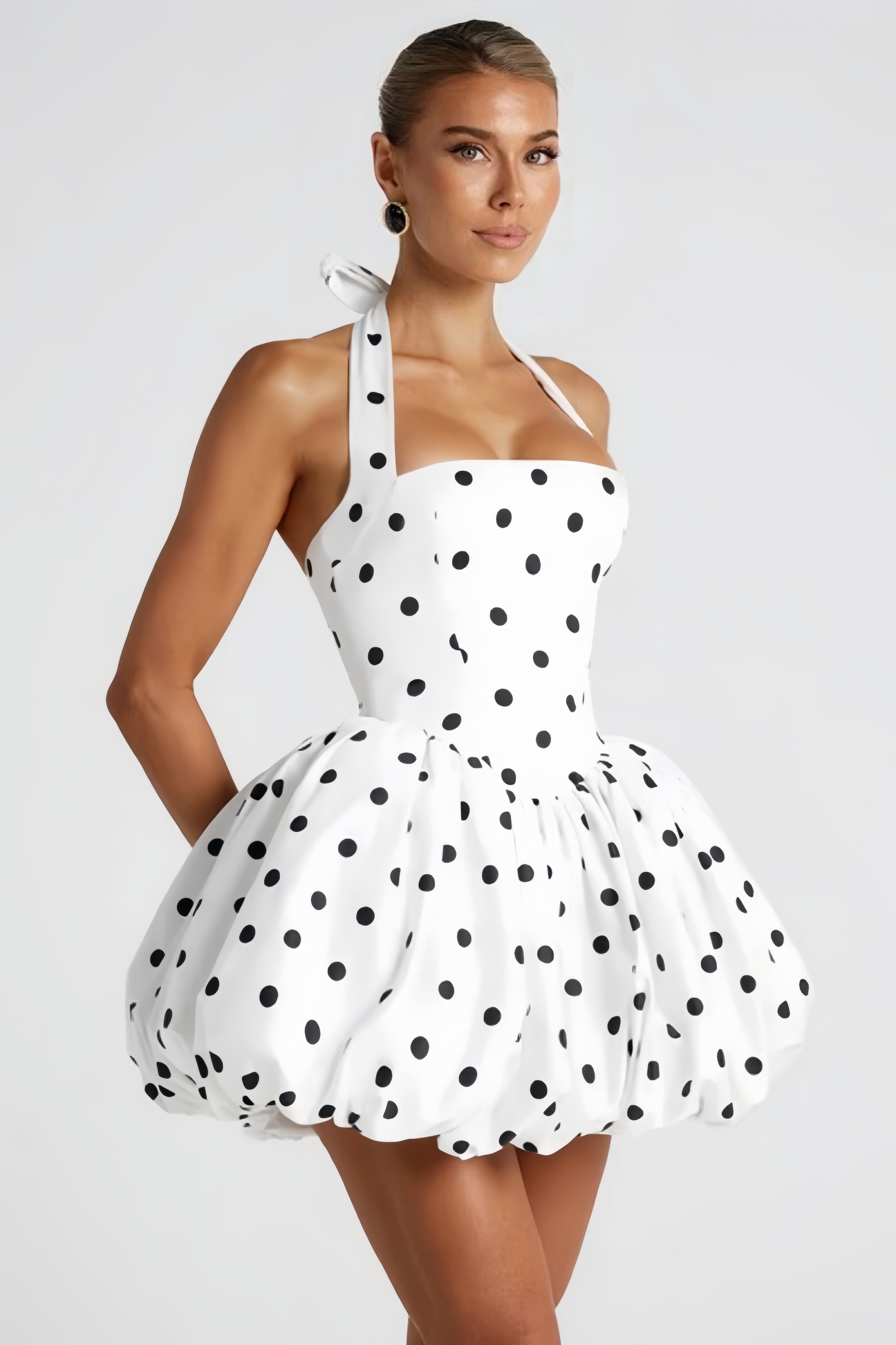 Anaelle White Polka-dot Shirred Puffball Mini Dress