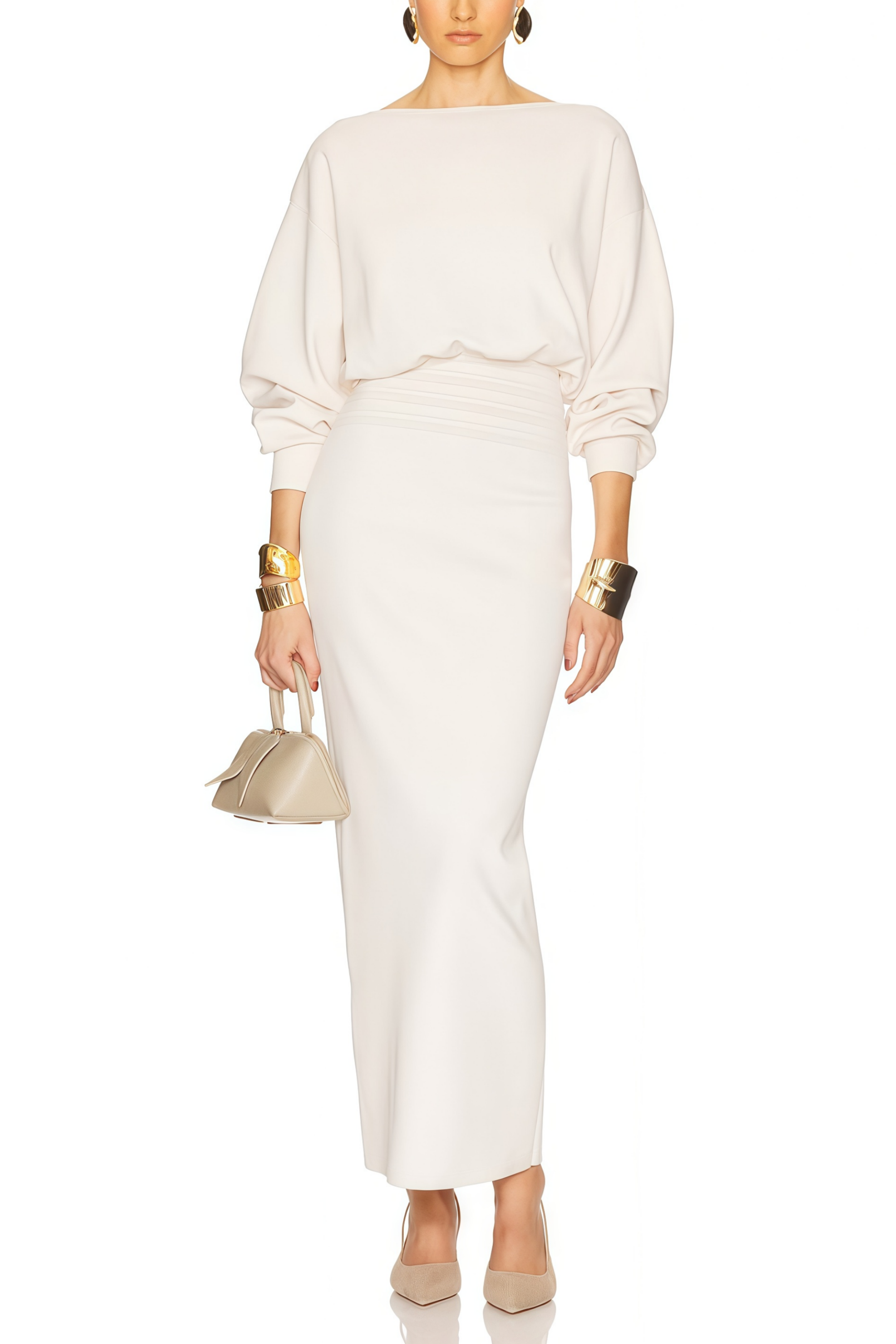 Boglárka White Cinched Knitted Waist Midi Dress (Final Sale)