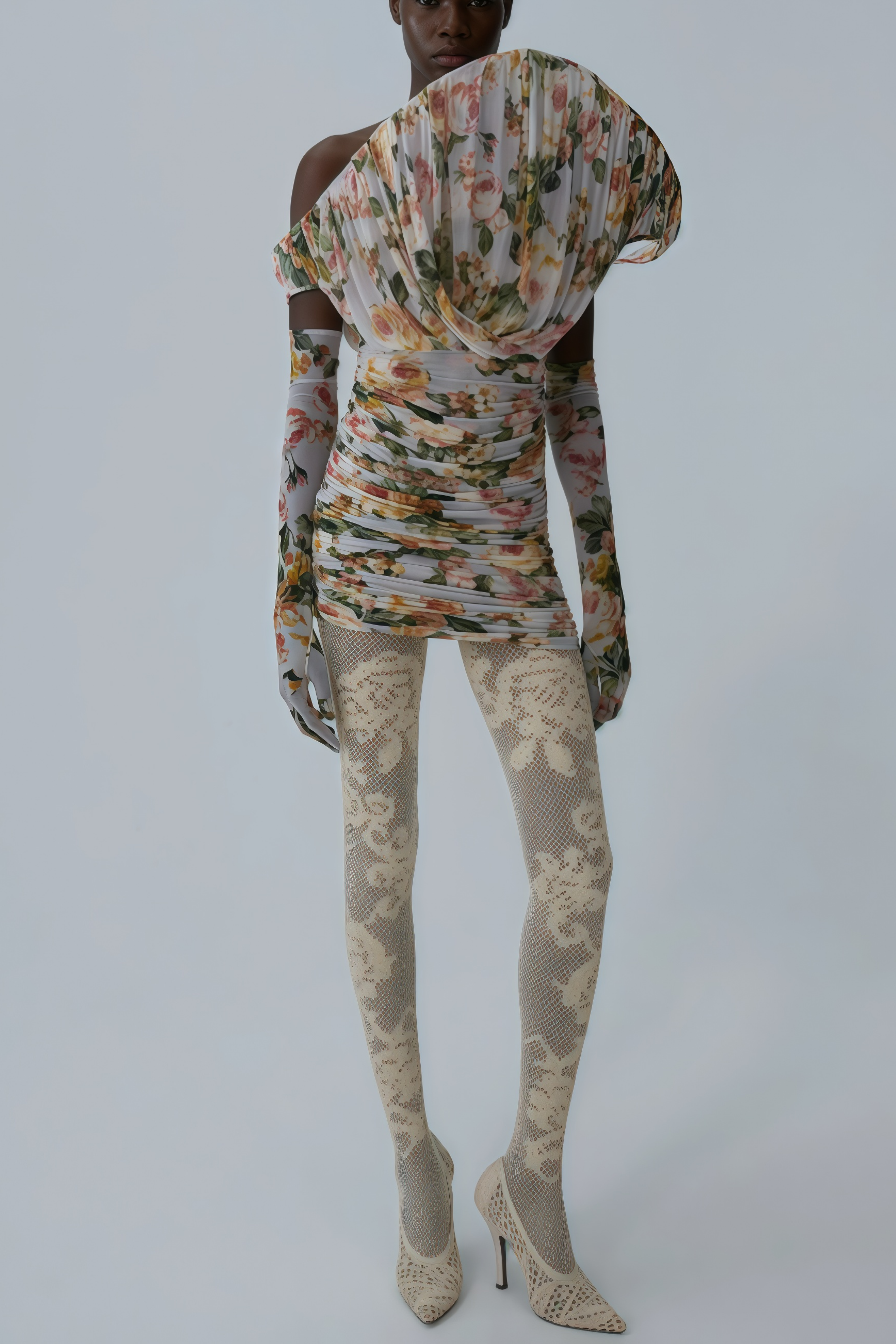 Felicia Grey Asymmetrical Floral Print Mini Dress