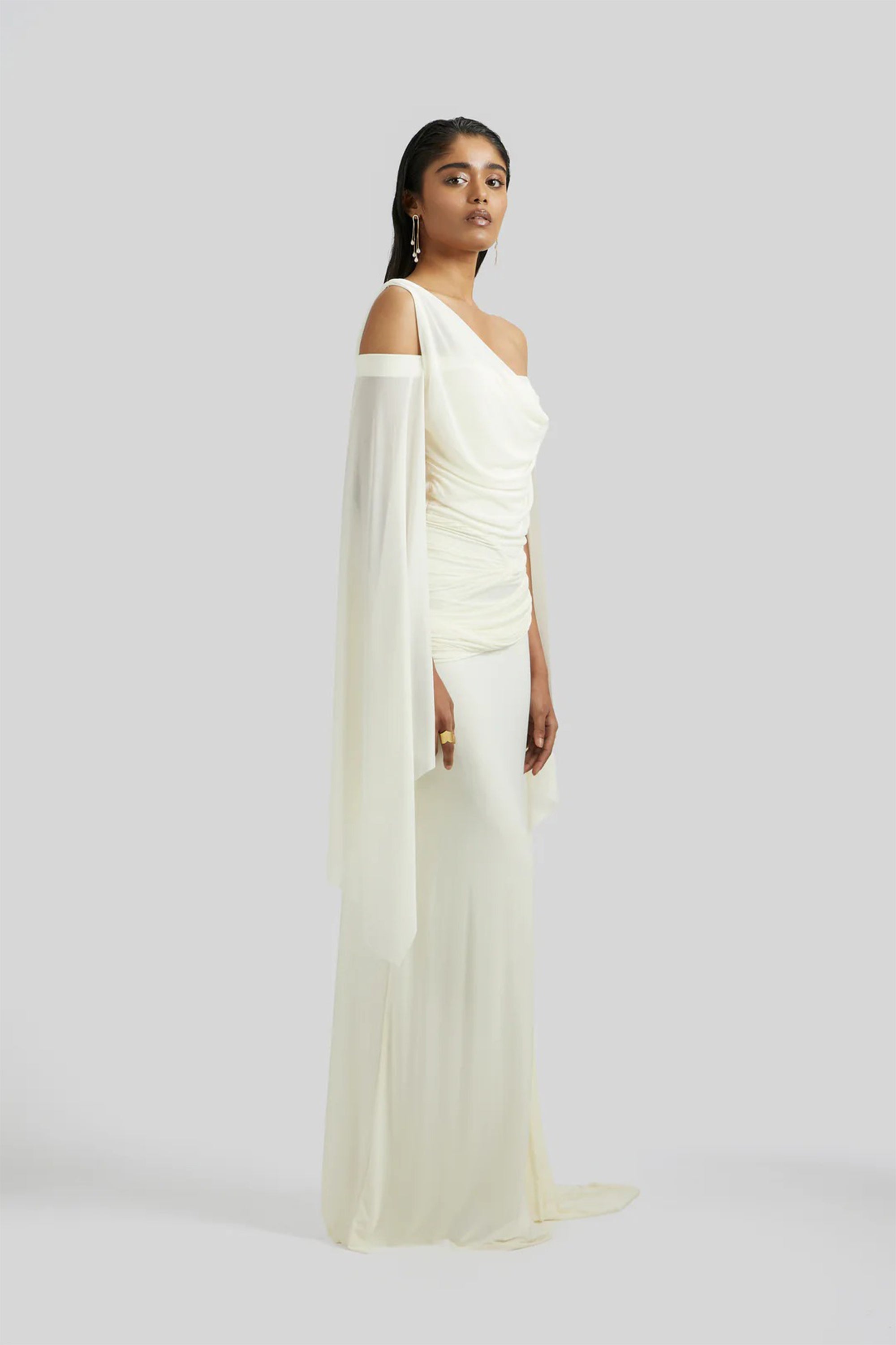 Aurianne White Asymmetrical Draped Maxi Dress