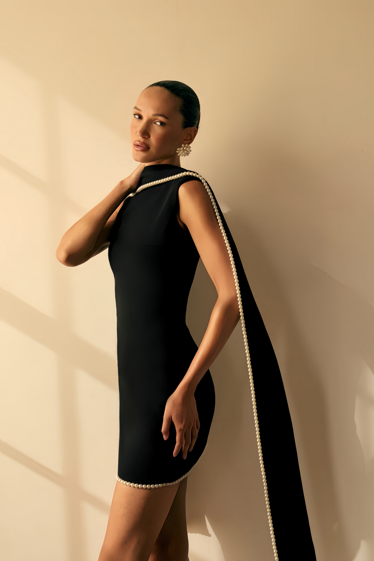 Piroska Black Sleeveless Pearl Trim Mini Dress