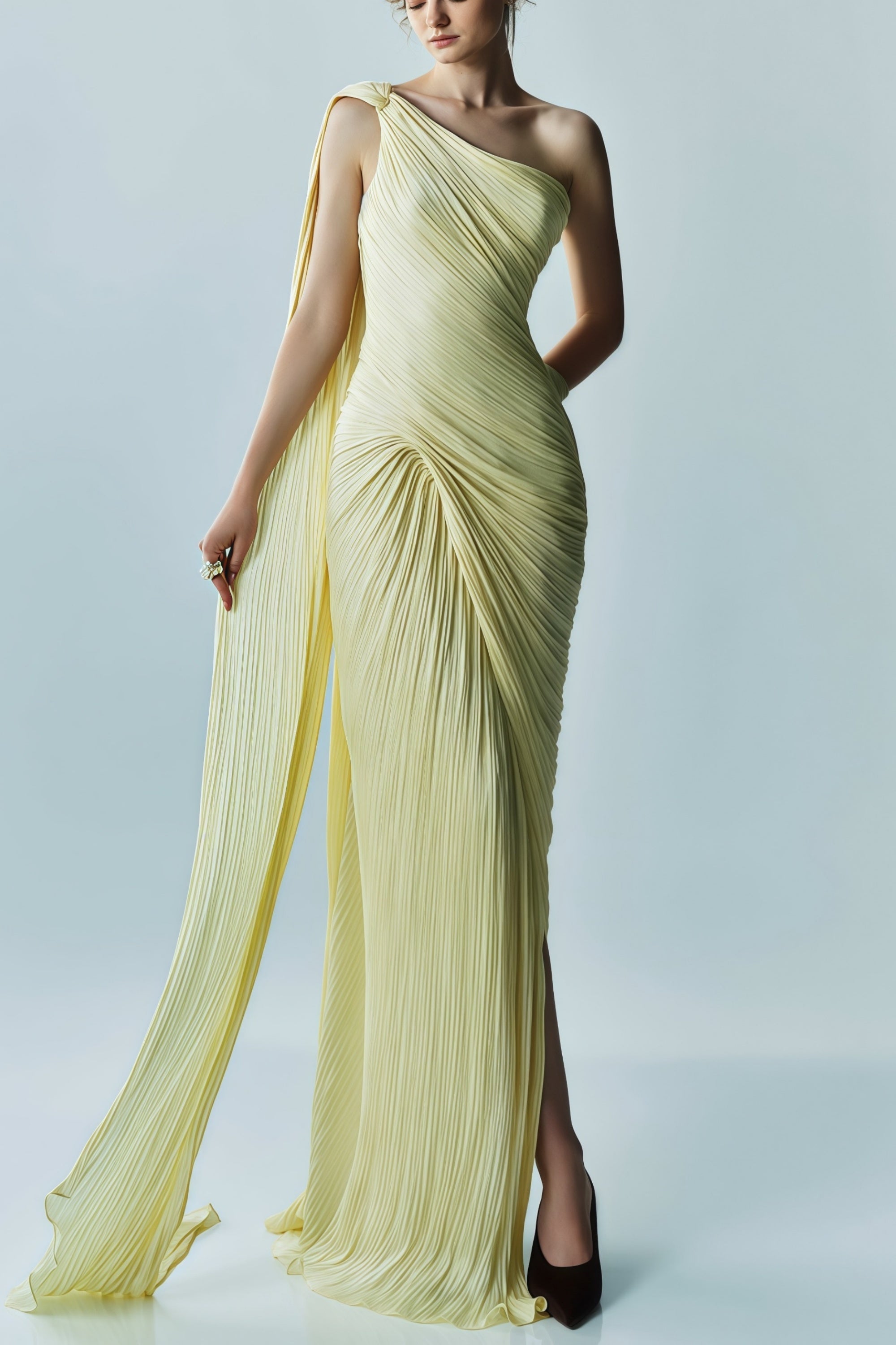 Meissa Yellow Asymmetrical Ruched Maxi Dress