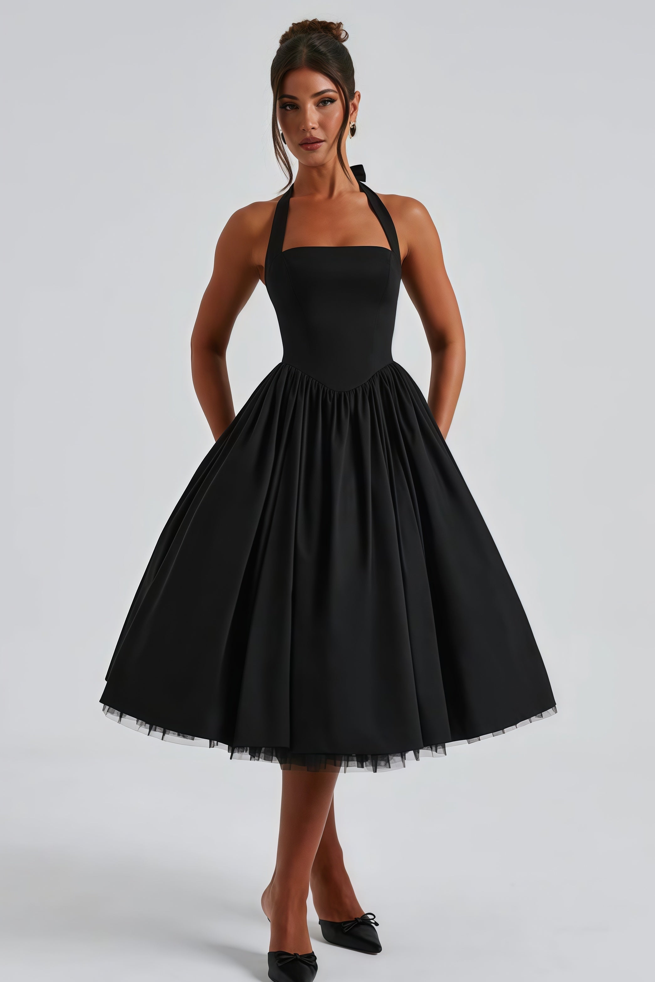 Eponine Black Layered Flared Hem Midi Dress