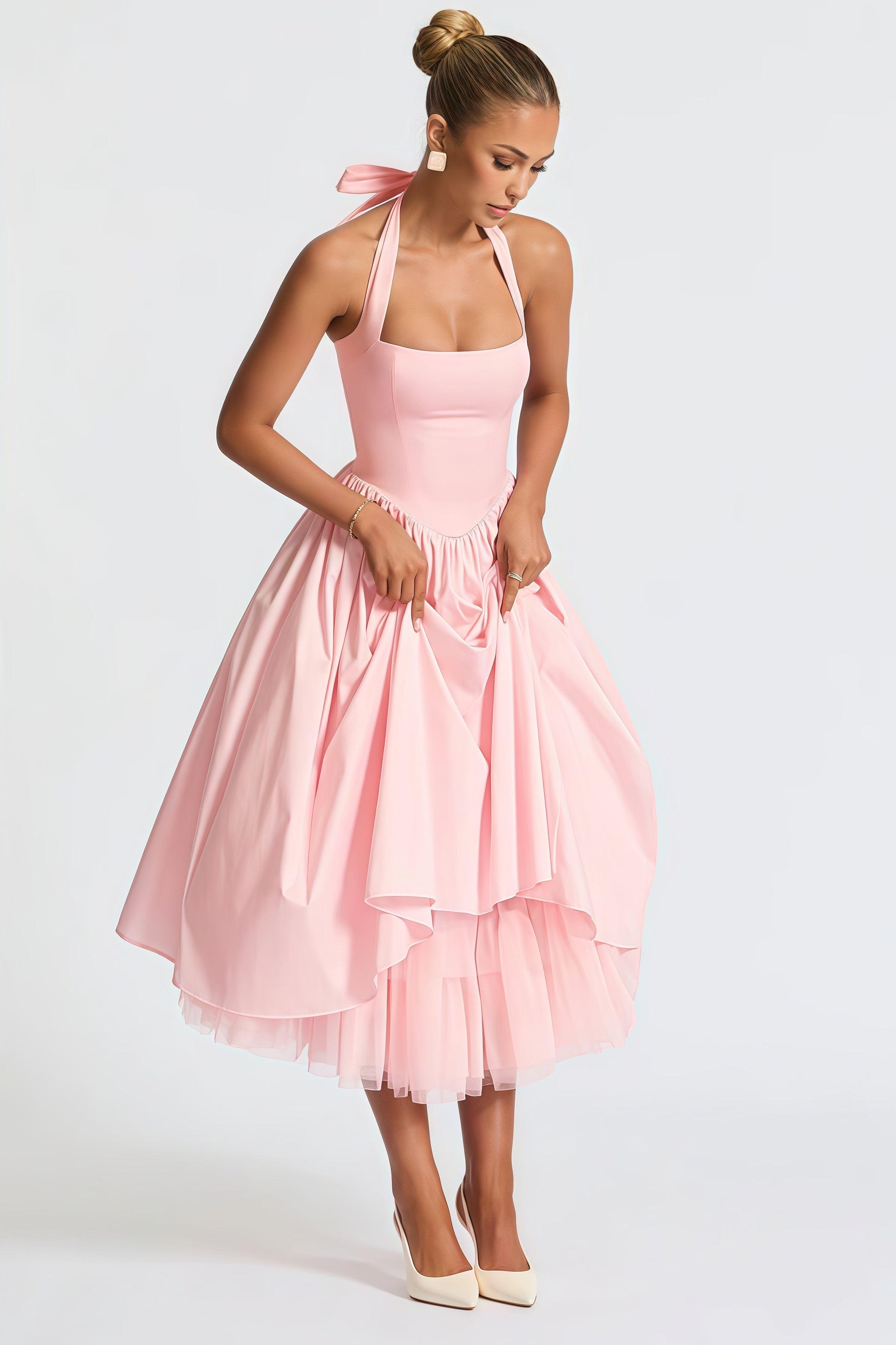 Eponine Pink Layered Flared Hem Midi Dress