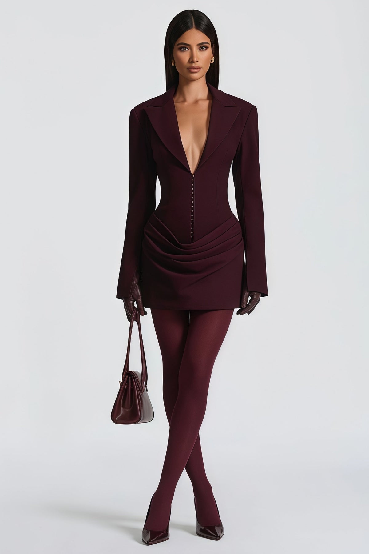 Rosette Wine Red Ruched Blazer Mini Dress