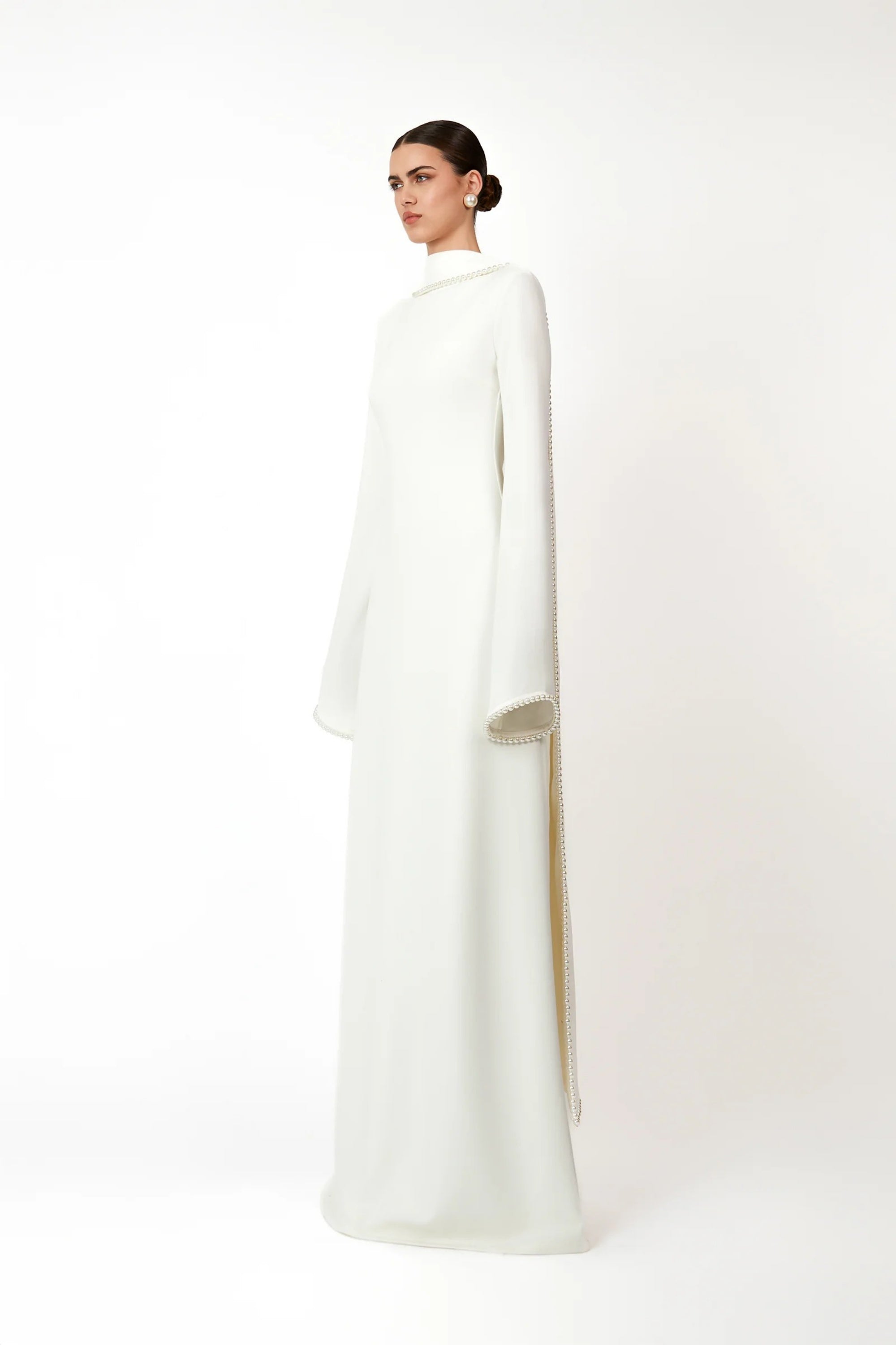 Piroska White Pearl Trim Shawl Detail Maxi Dress