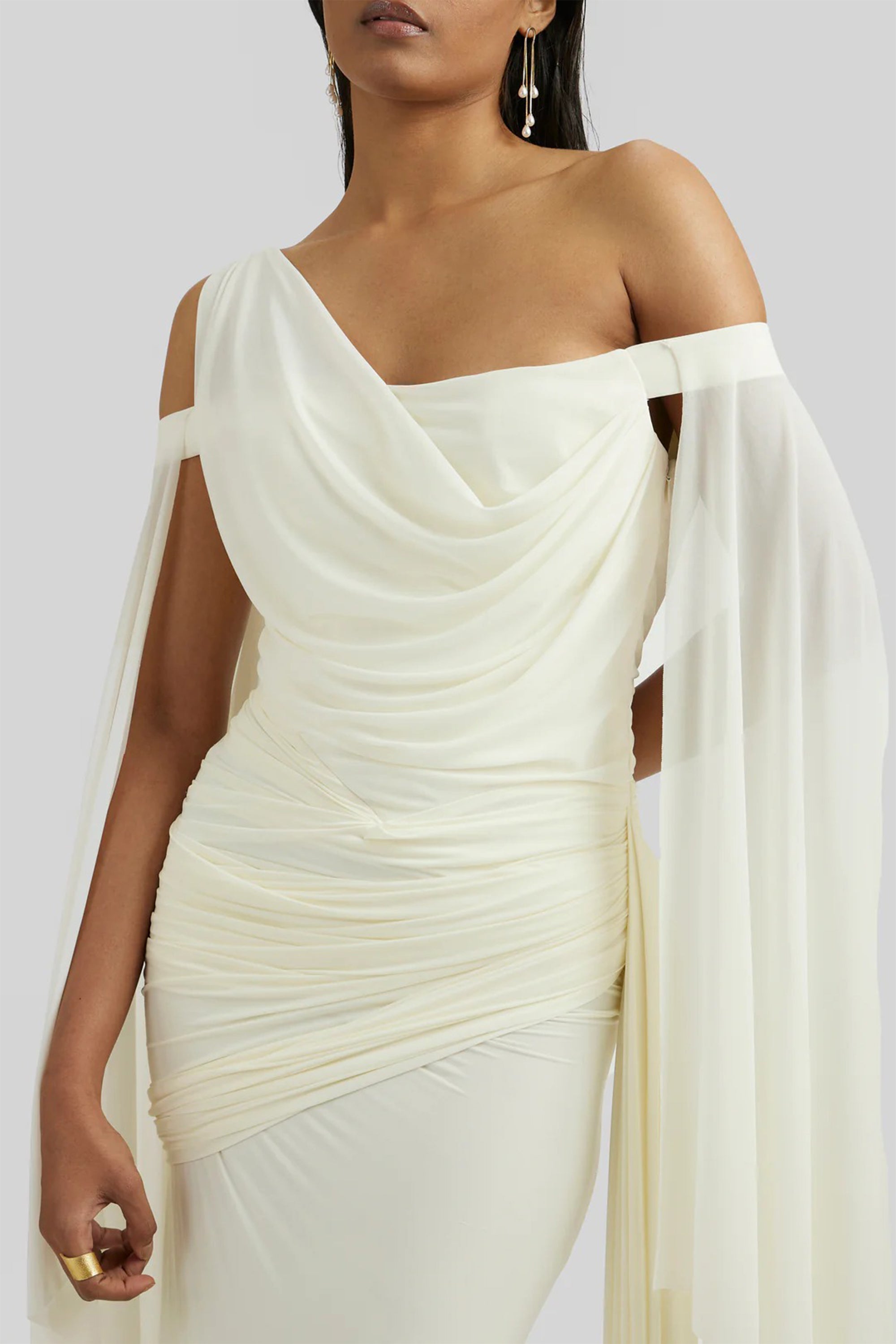 Aurianne White Asymmetrical Draped Maxi Dress