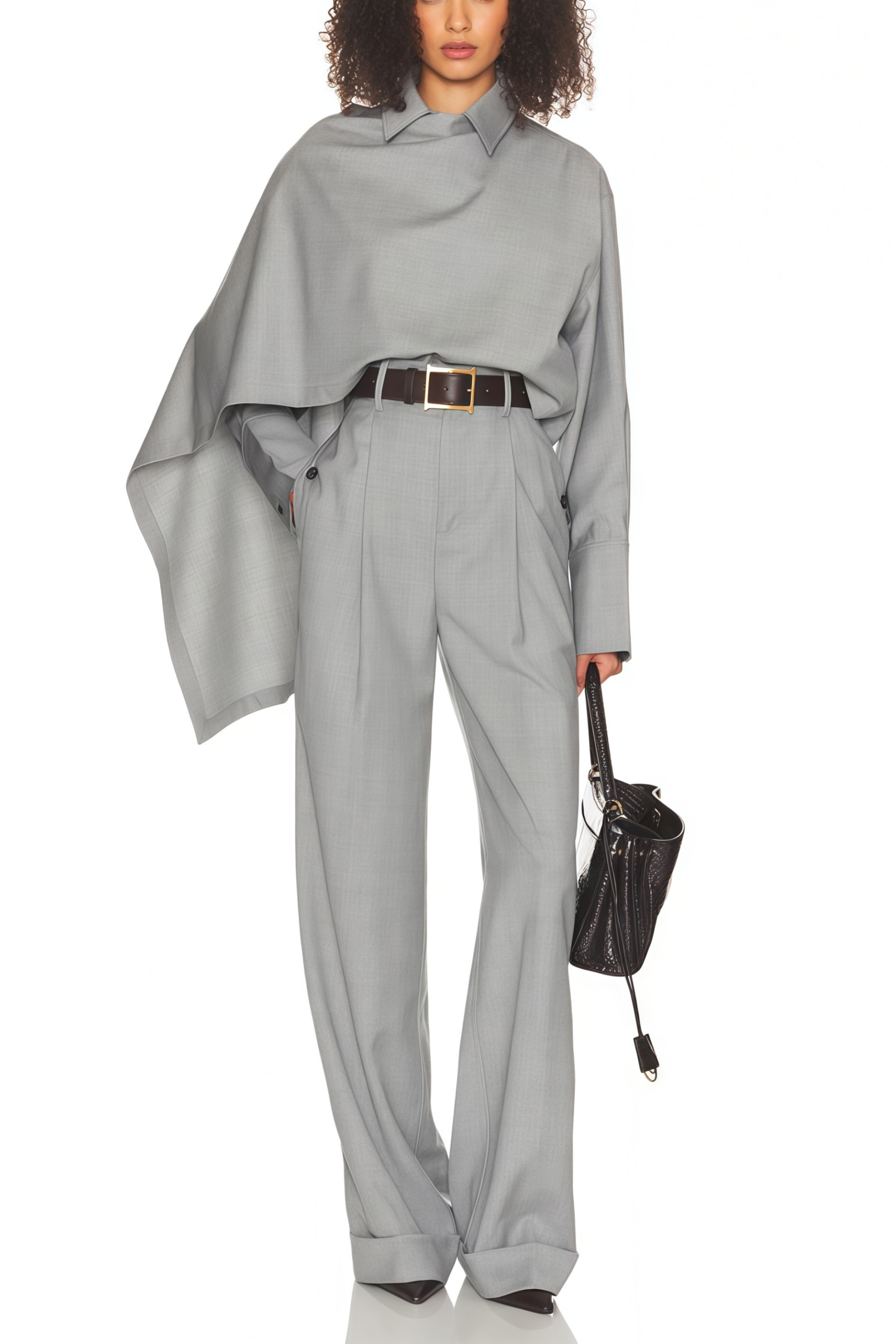 Cynthia Grey Asymmetrical Draped Shirt & Trousers Set