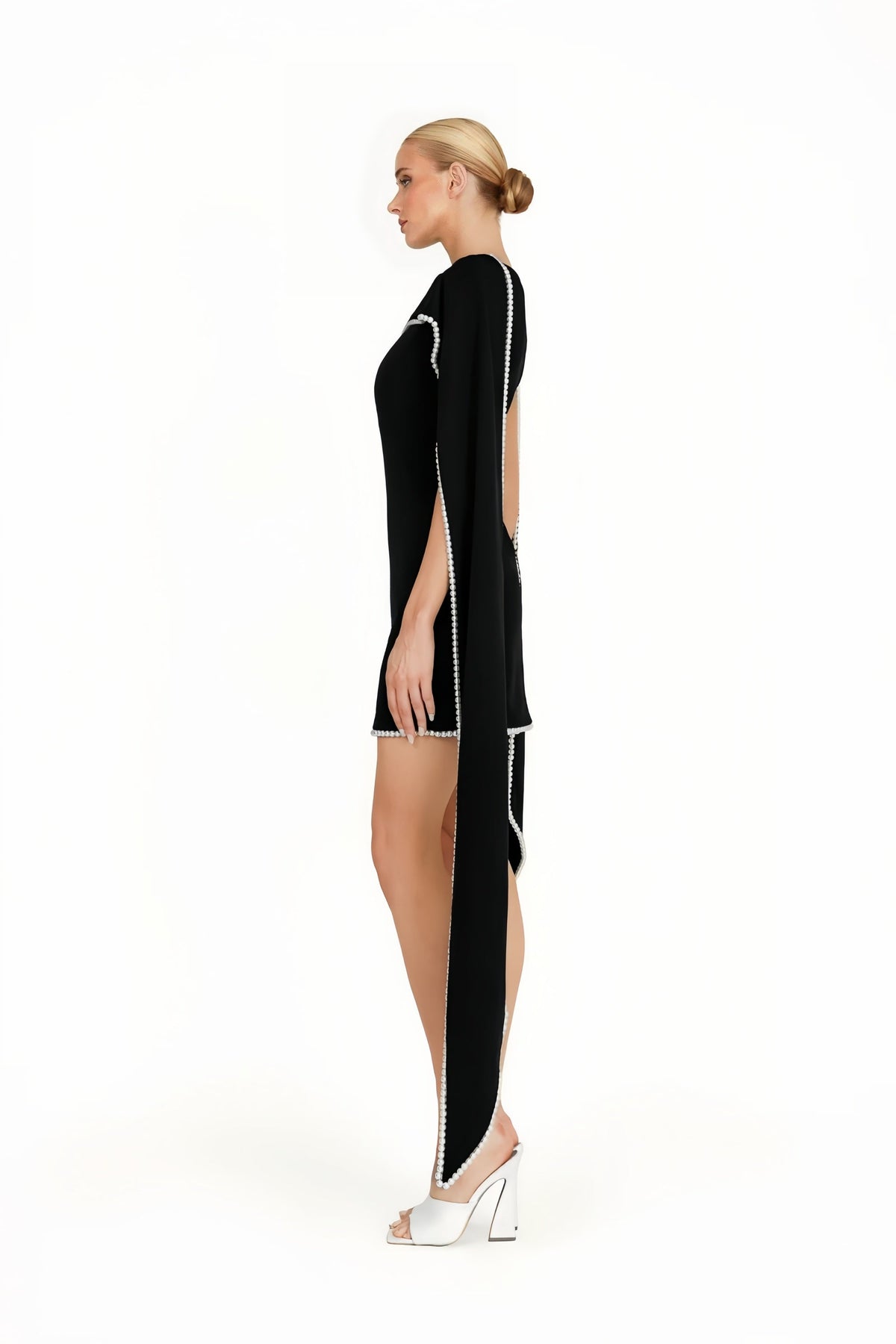 Piroska Black Sleeveless Pearl Trim Mini Dress