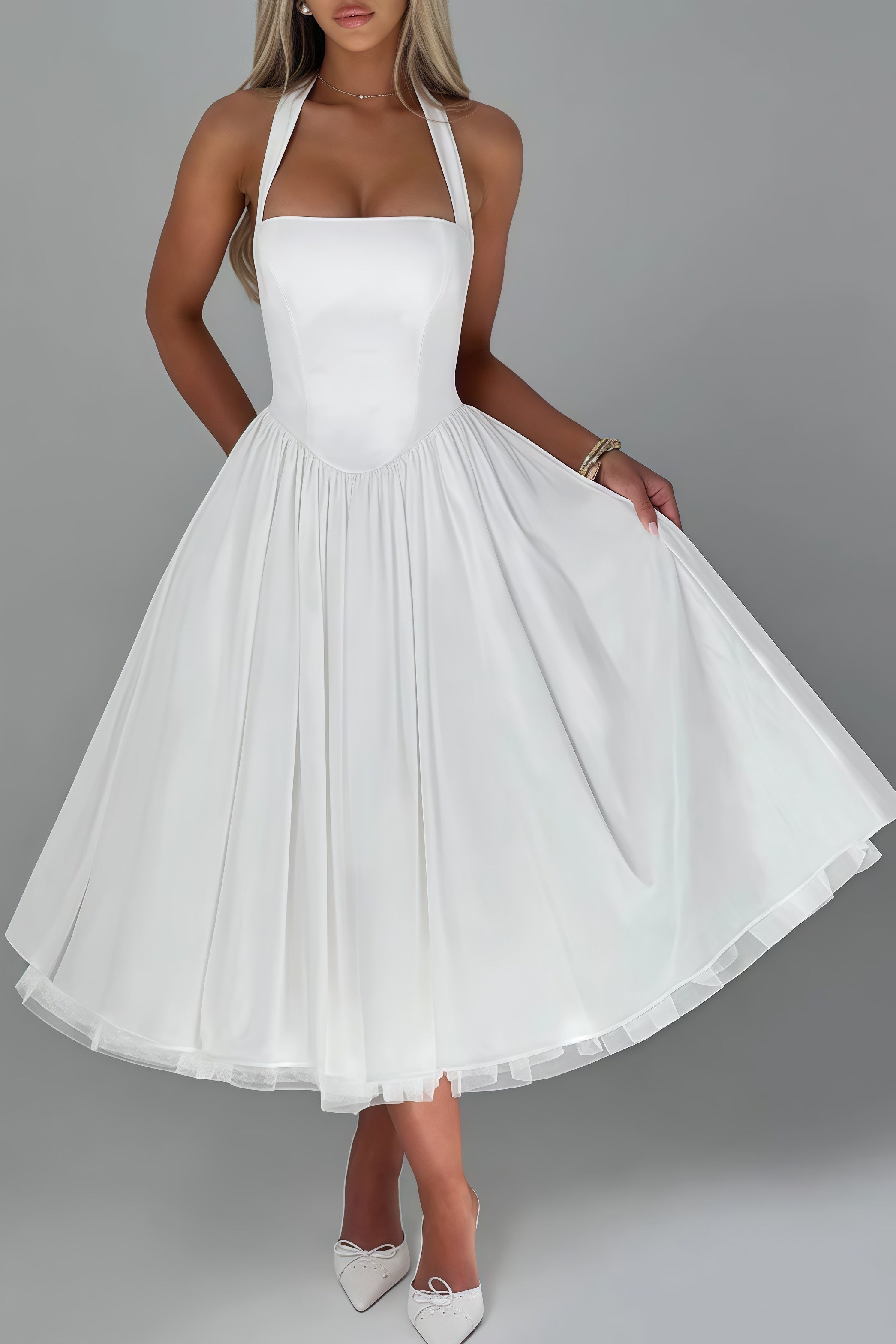Eponine White Layered Flared Hem Midi Dress