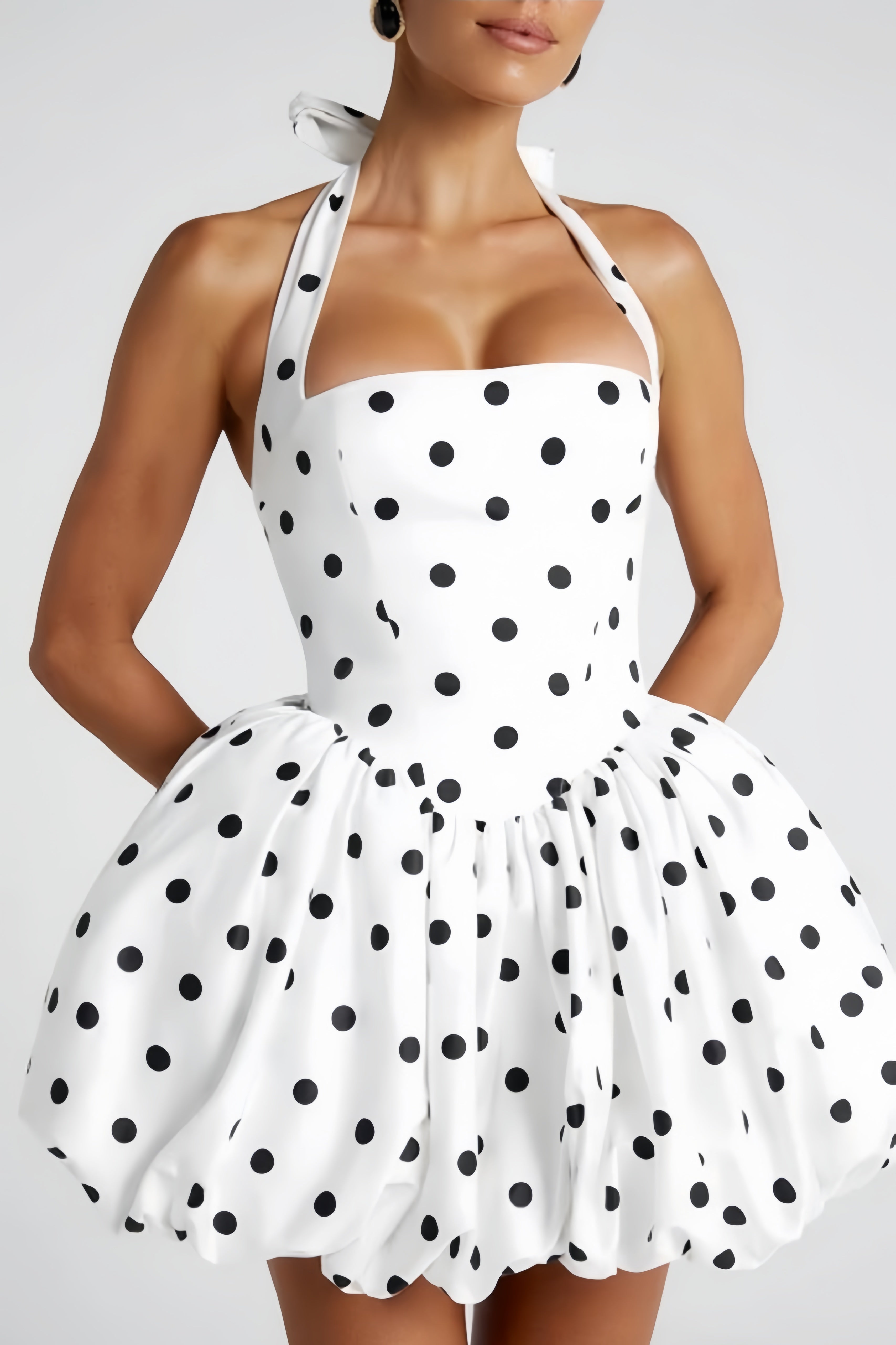 Anaelle White Polka-dot Shirred Puffball Mini Dress