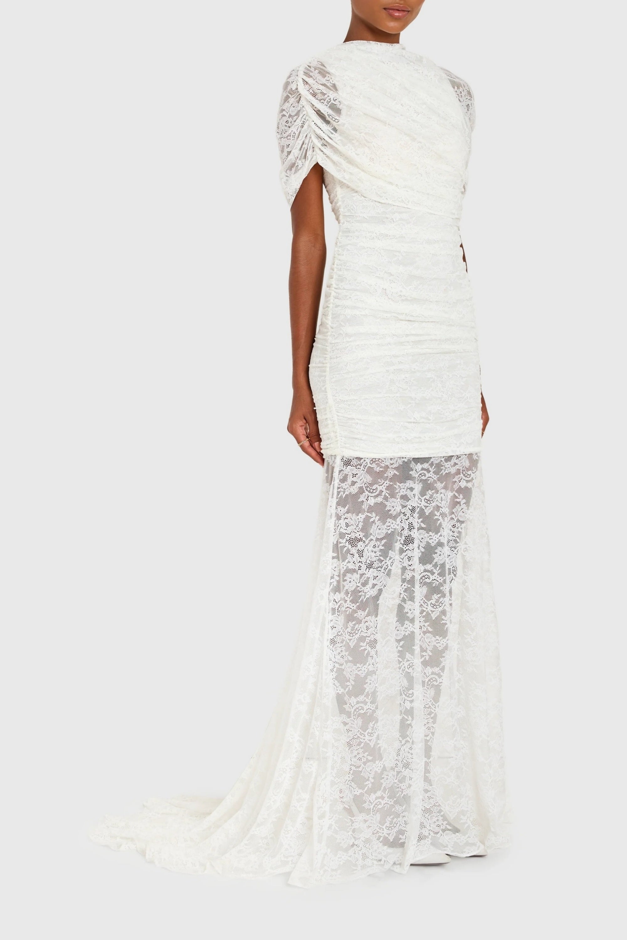 Sylphe White Asymmetrical Ruched Mesh Maxi Dress (Final Sale-US Only)