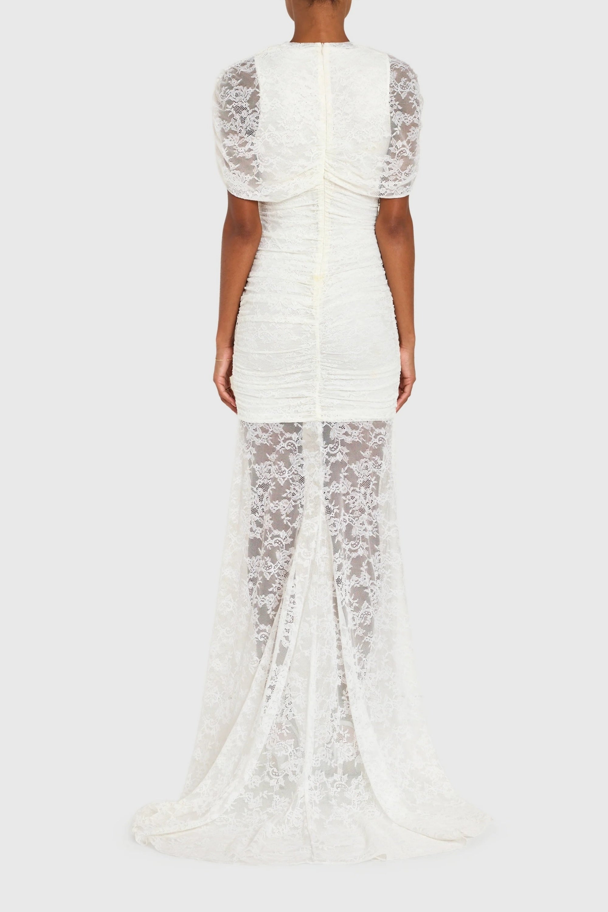 Sylphe White Asymmetrical Ruched Mesh Maxi Dress