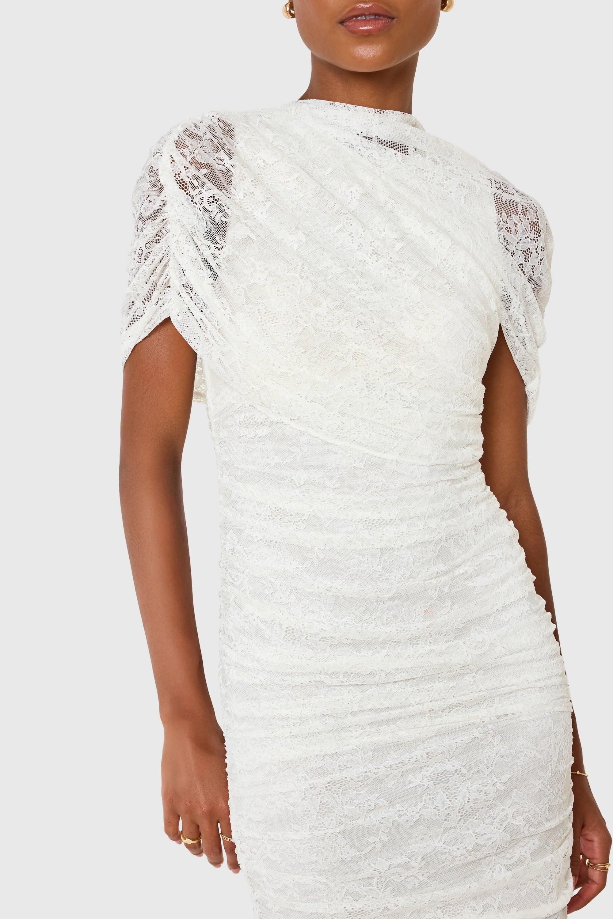 Sylphe White Asymmetrical Ruched Mesh Maxi Dress (Final Sale-US Only)