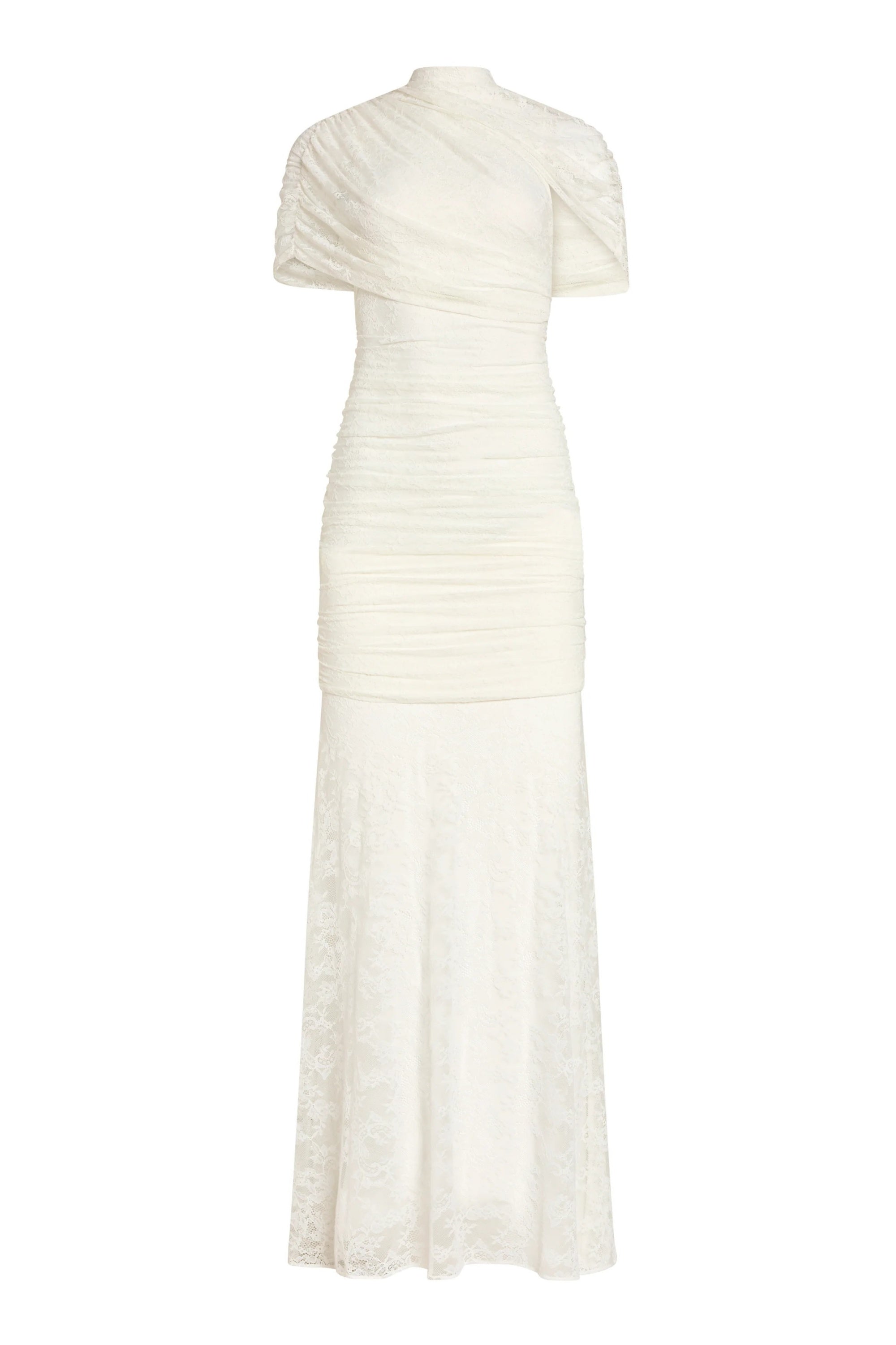 Sylphe White Asymmetrical Ruched Mesh Maxi Dress