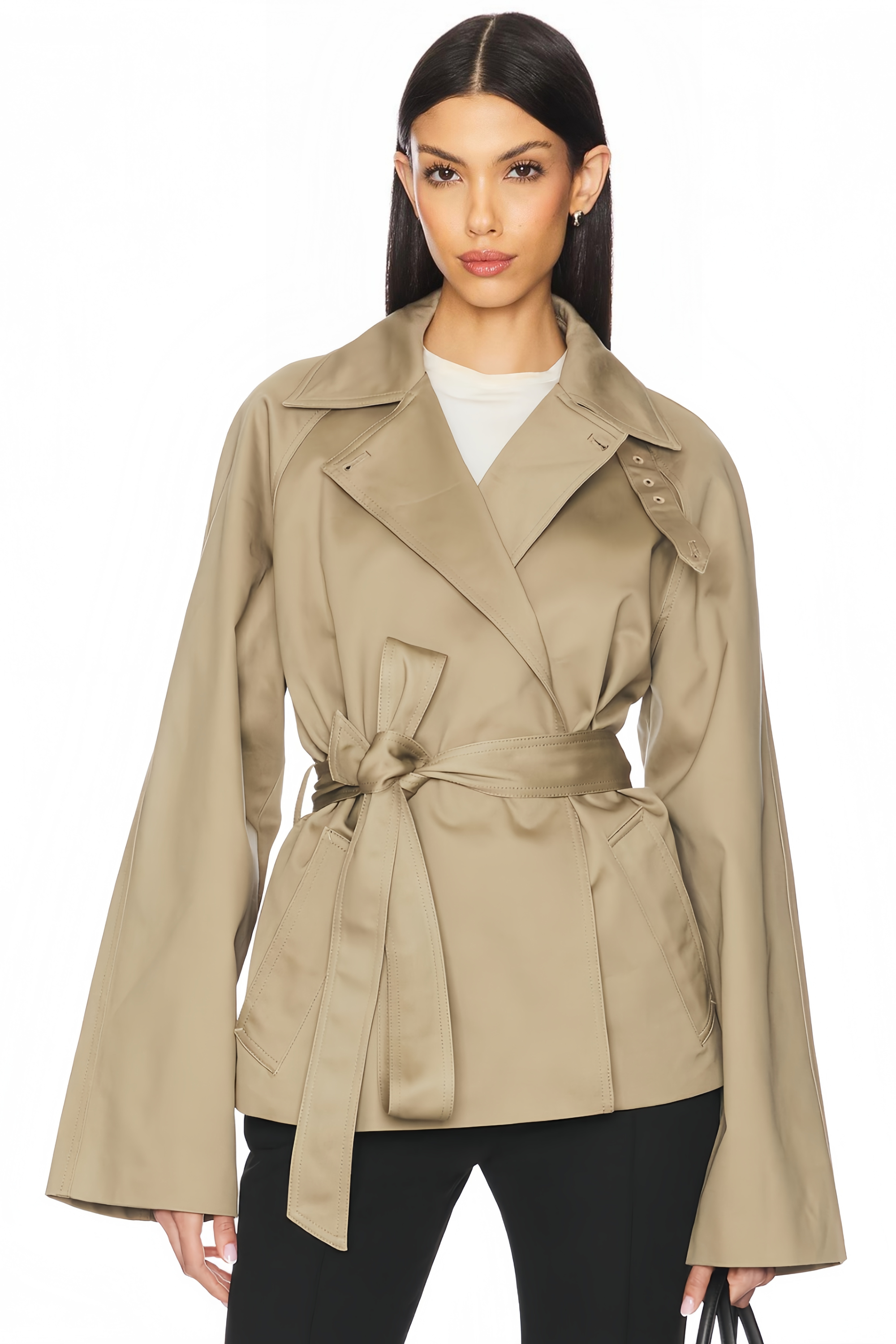 Orsolya Khaki Asymmetrical Shawl Design Trench Coat