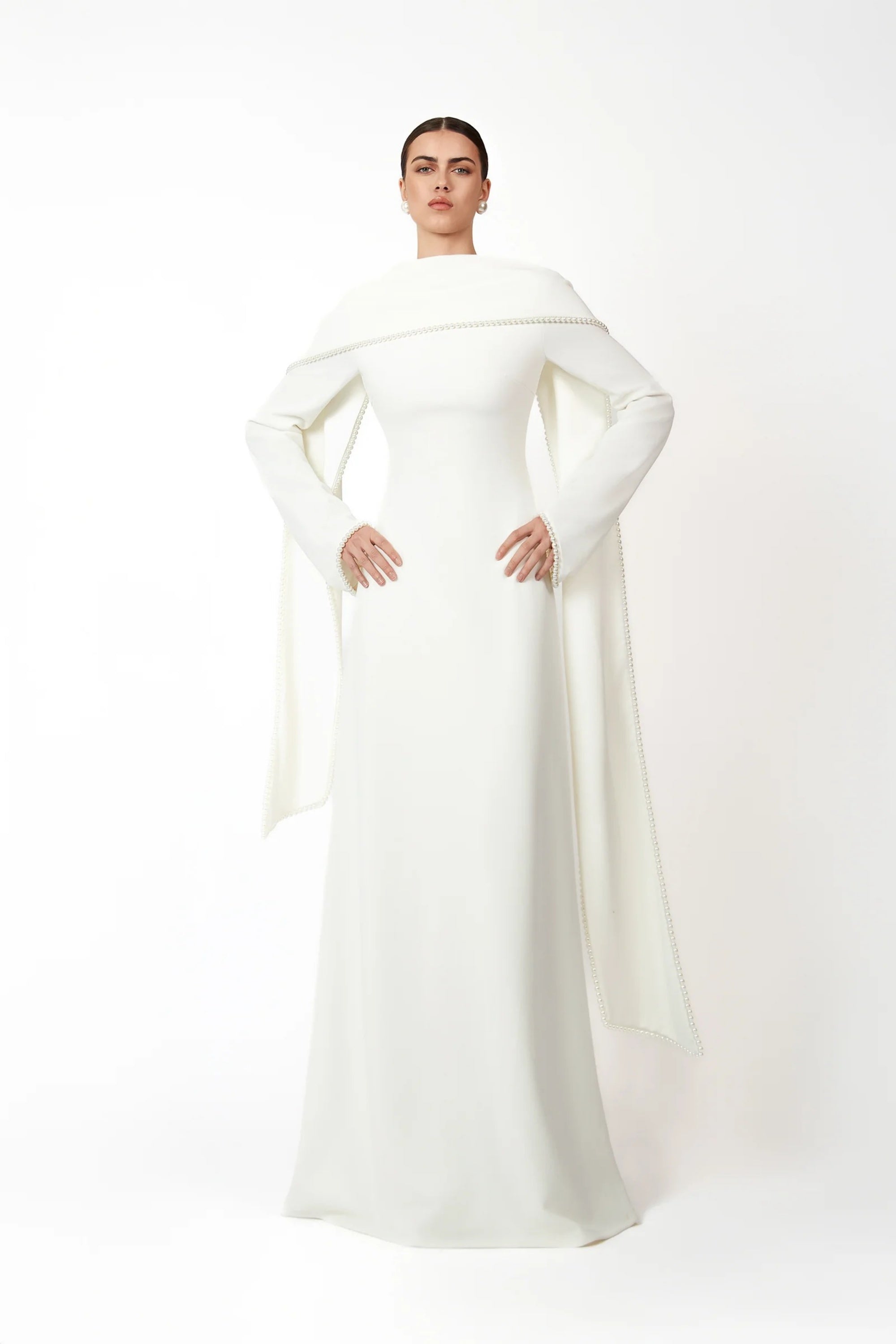 Piroska White Pearl Trim Shawl Detail Maxi Dress