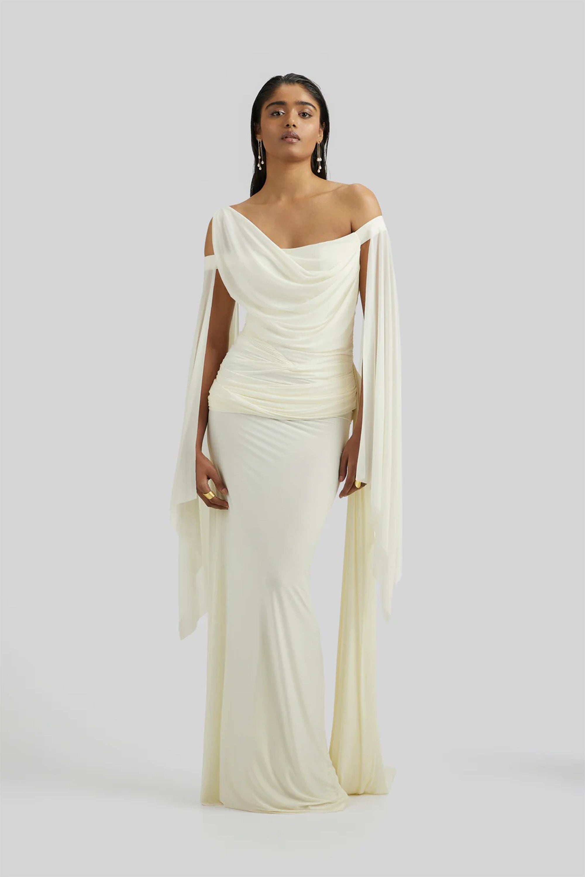 Aurianne White Asymmetrical Draped Maxi Dress
