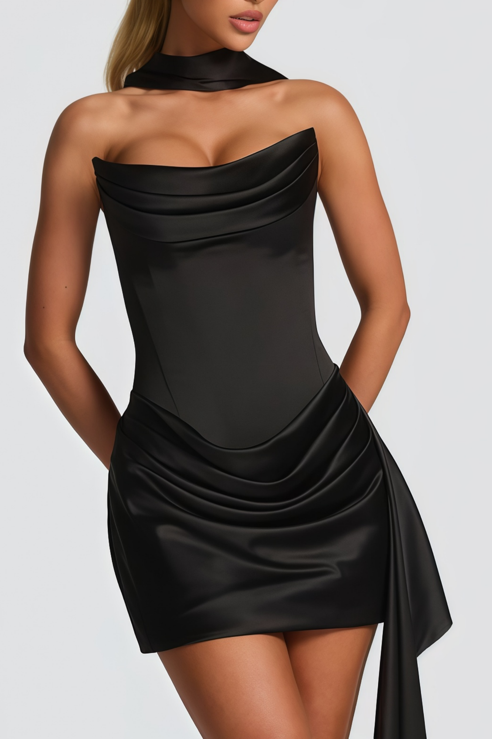 Zenina Black Ruched Ribbon Detail Mini Dress (Final Sale-US Only)