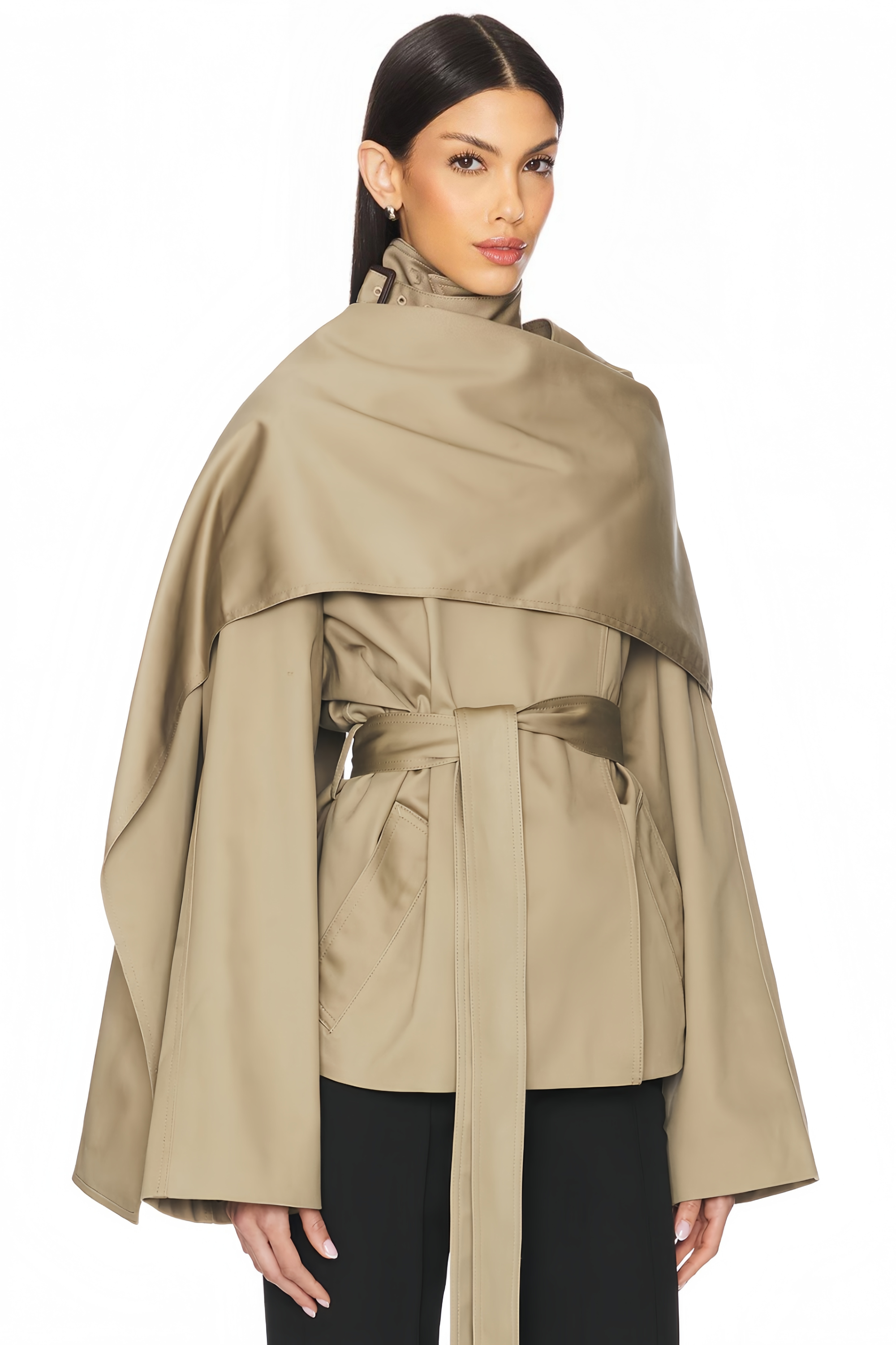 Orsolya Khaki Asymmetrical Shawl Design Trench Coat