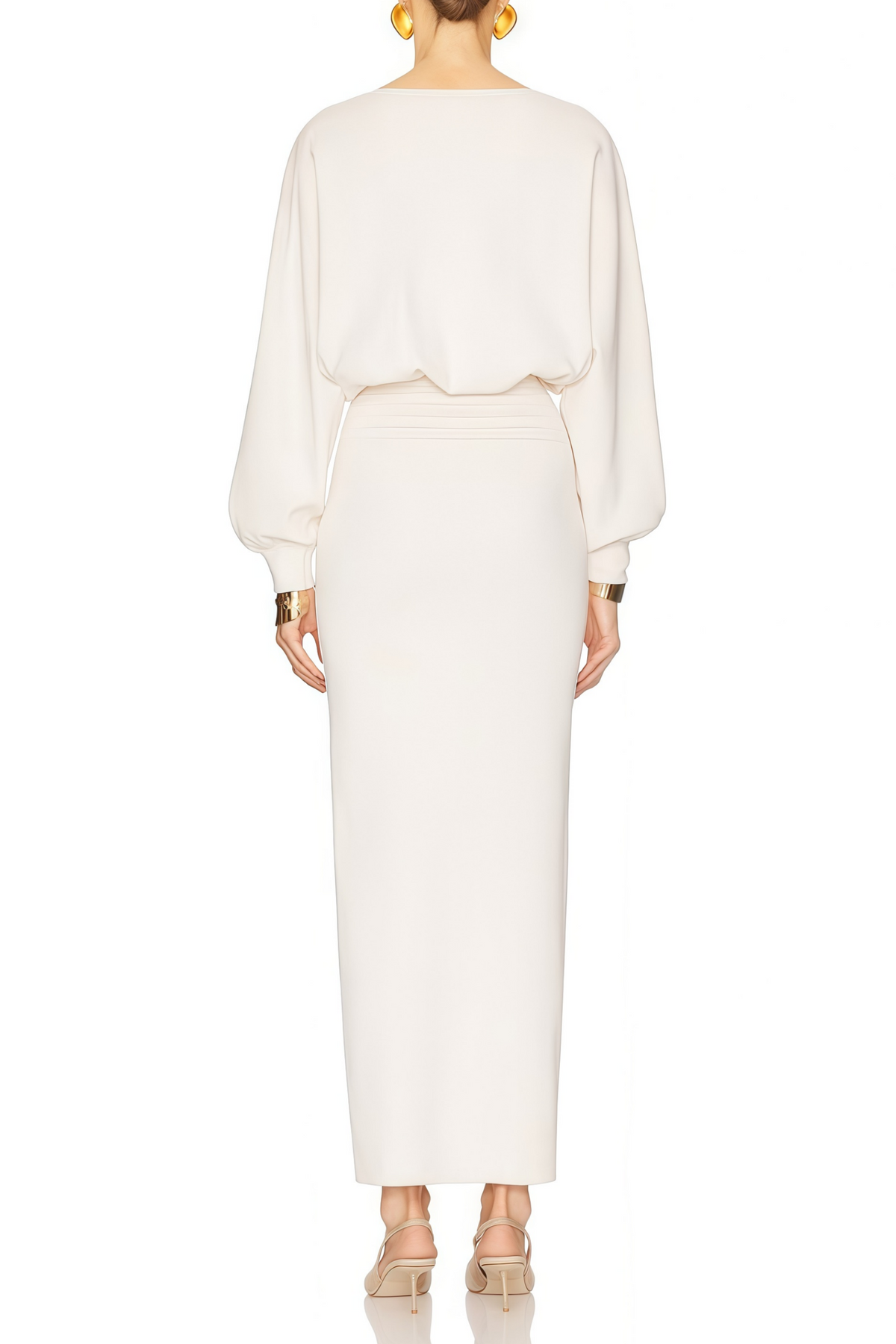 Boglárka White Cinched Knitted Waist Midi Dress (Final Sale)