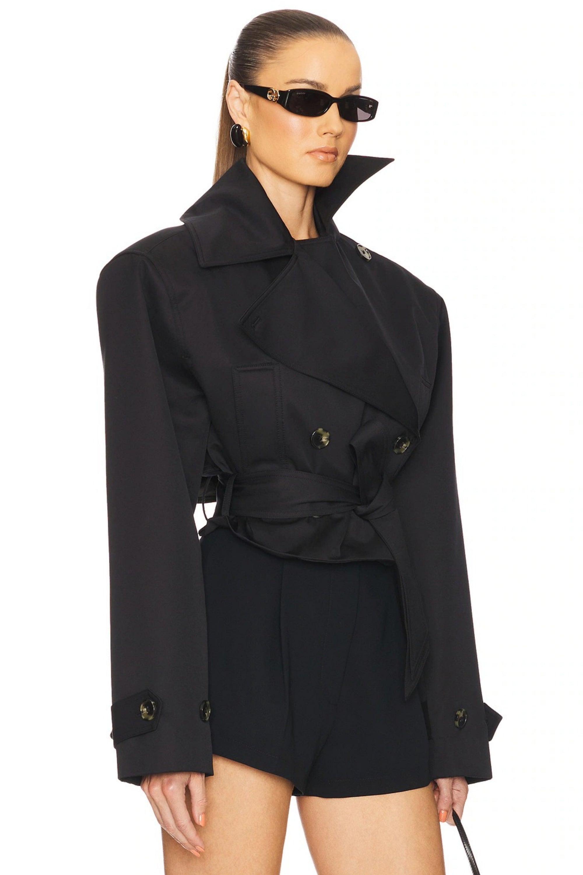 Avril Black Double-Breasted Short Trench Coat