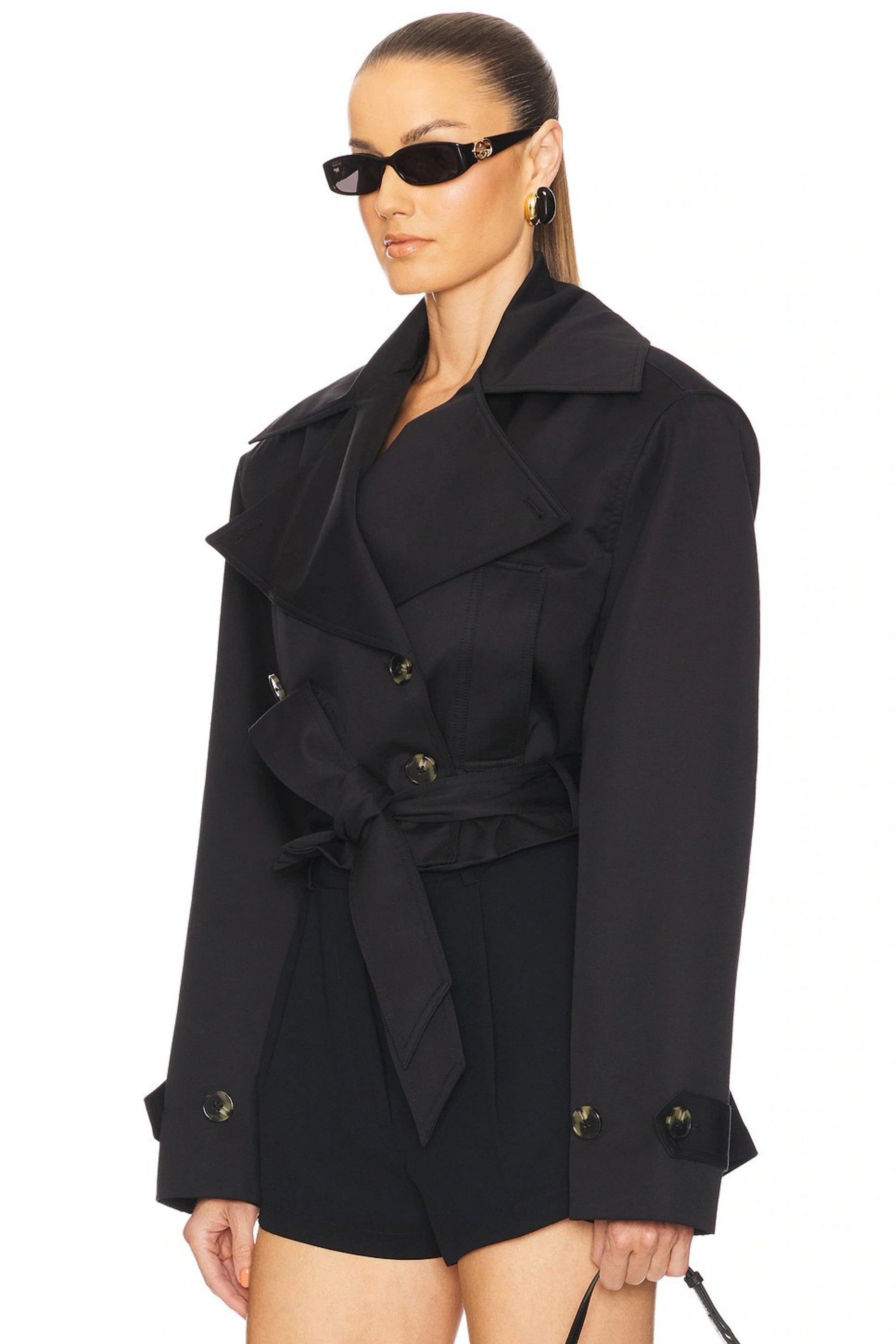 Avril Black Double-Breasted Short Trench Coat