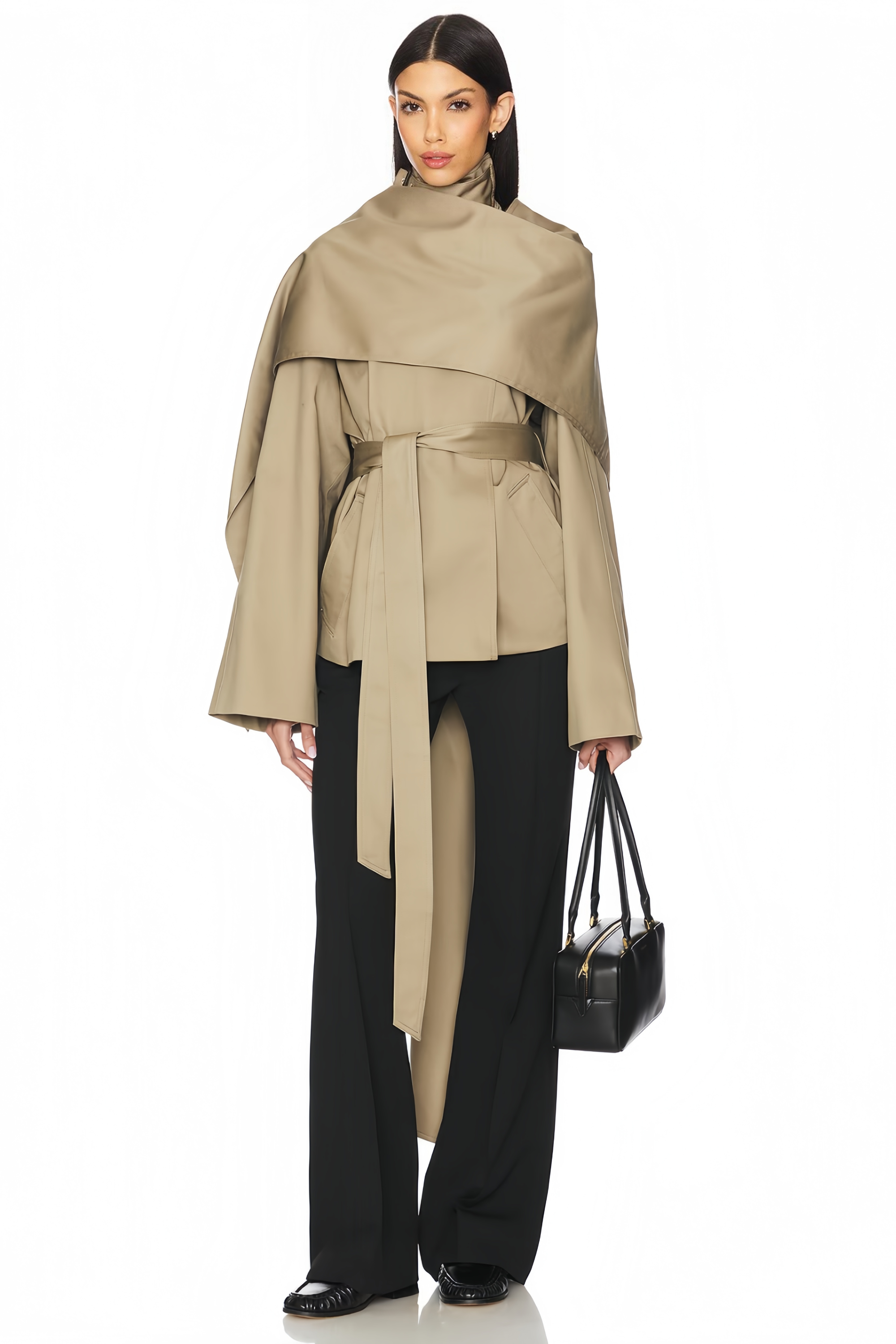 Orsolya Khaki Asymmetrical Shawl Design Trench Coat