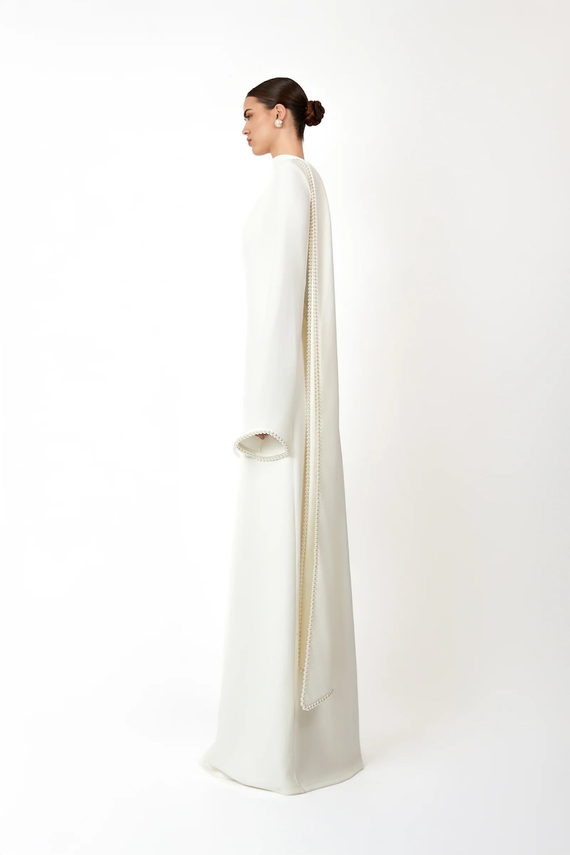 Piroska White Pearl Trim Shawl Detail Maxi Dress