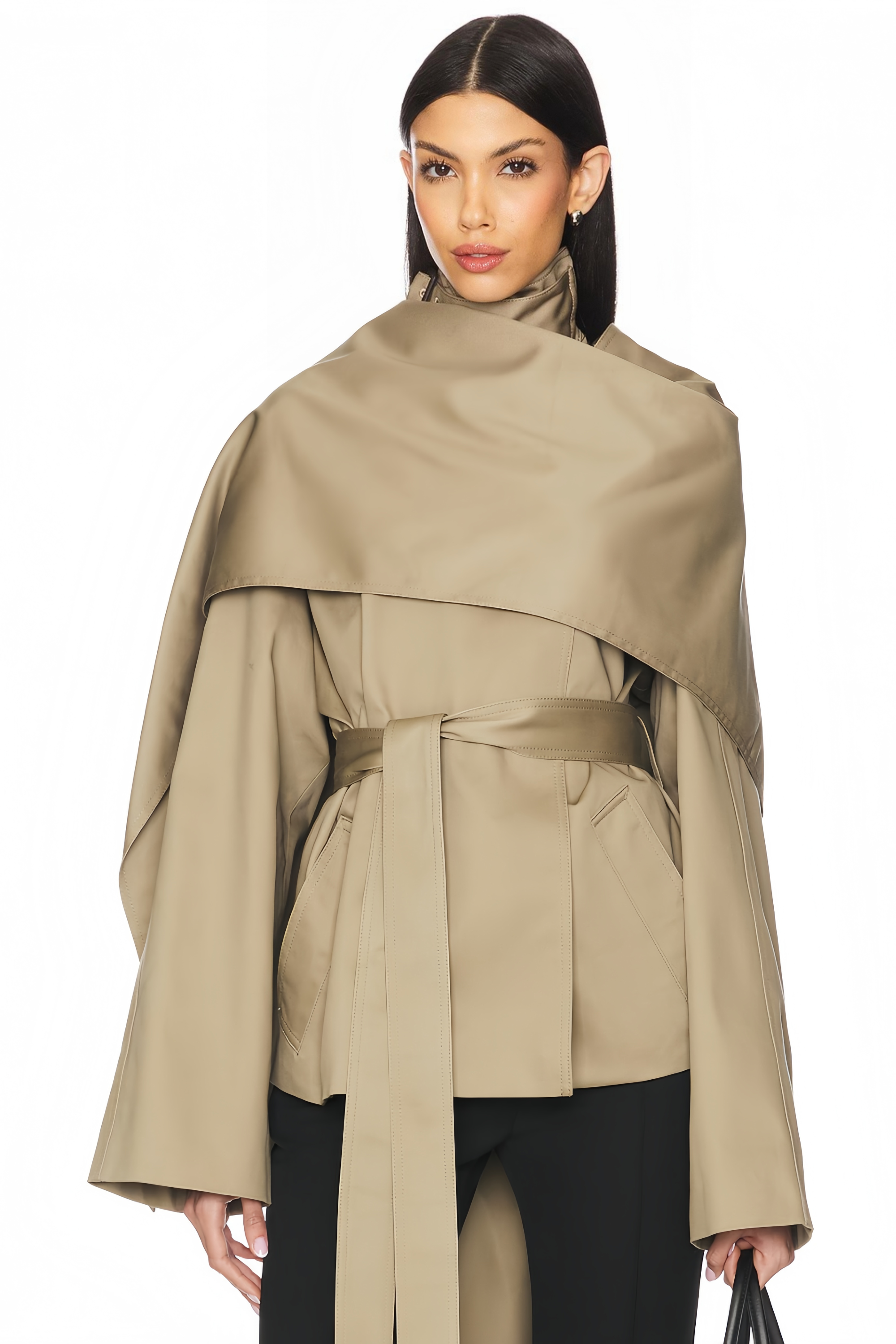 Orsolya Khaki Asymmetrical Shawl Design Trench Coat