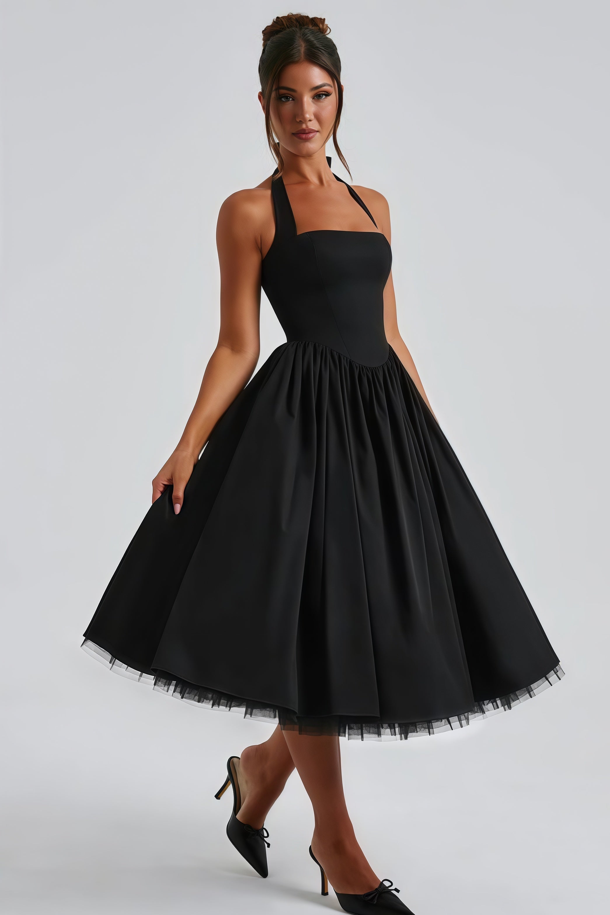 Eponine Black Layered Flared Hem Midi Dress