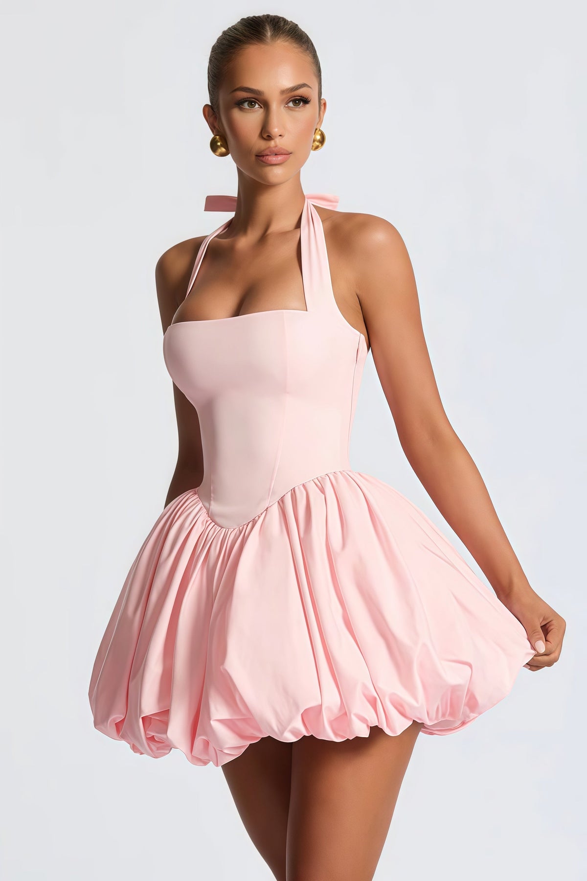 Anaelle Pink Shirred Puffball Mini Dress