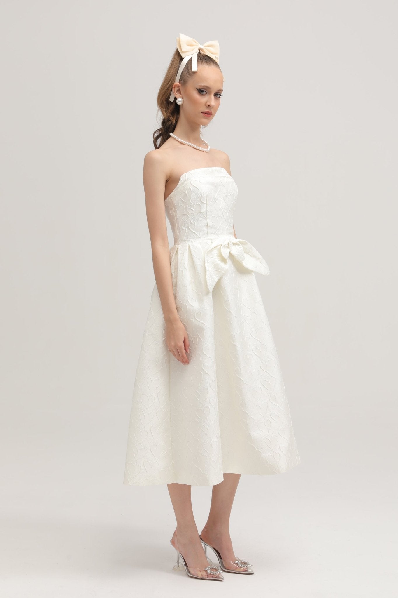 Ingrid white bowknot embroidered midi dress (US Only)