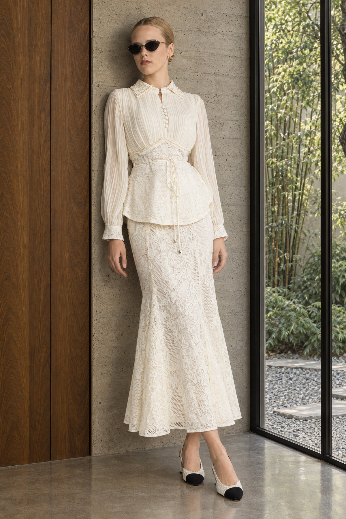 Rosalind Ivoire Pleated Chiffon Lace Peplum Blouse and Maxi Skirt Set