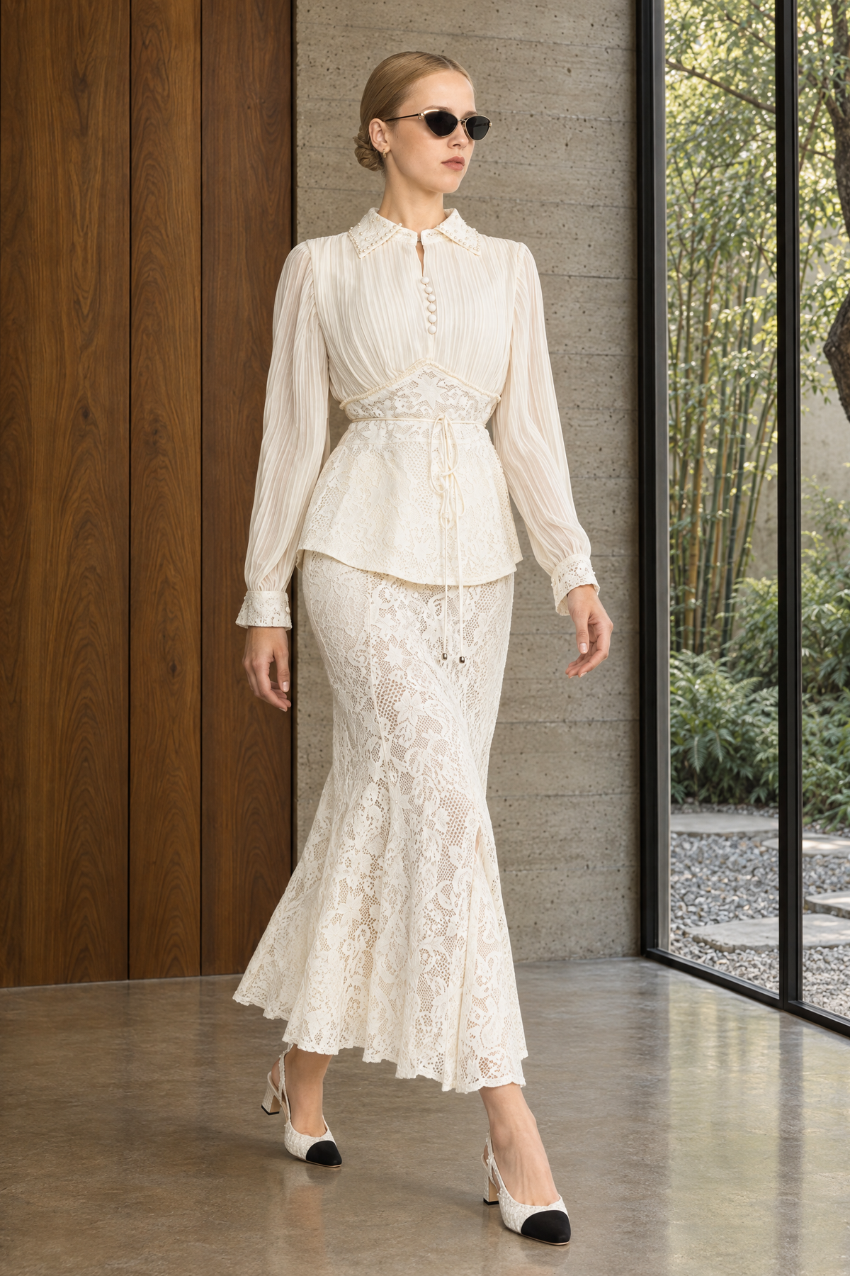 Rosalind Ivoire Pleated Chiffon Lace Peplum Blouse and Maxi Skirt Set